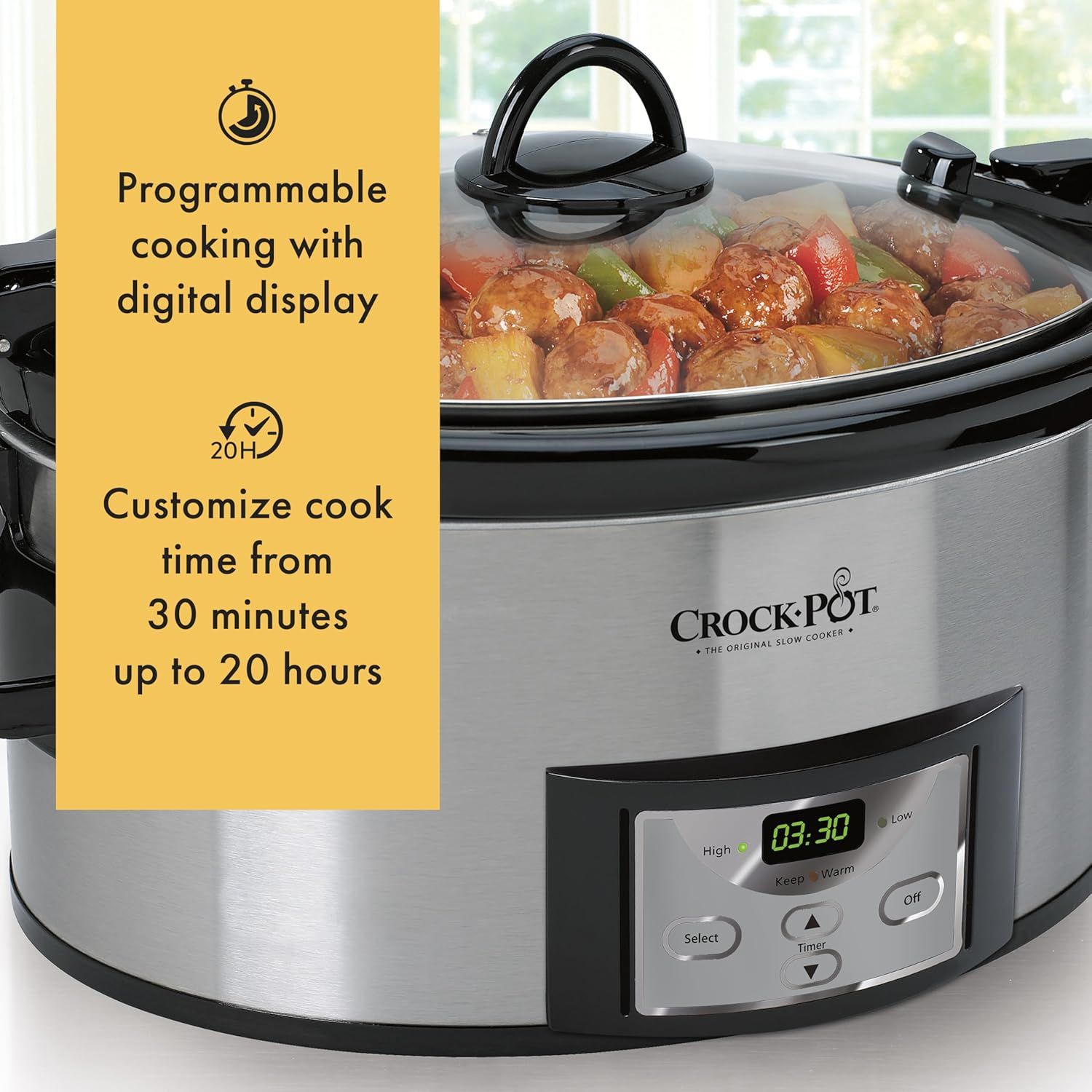 Communicates two distinct programmable features of the Crock-Pot slow cooker: the digital display for programmable cooking and the flexible time range customization, reassuring shoppers of…