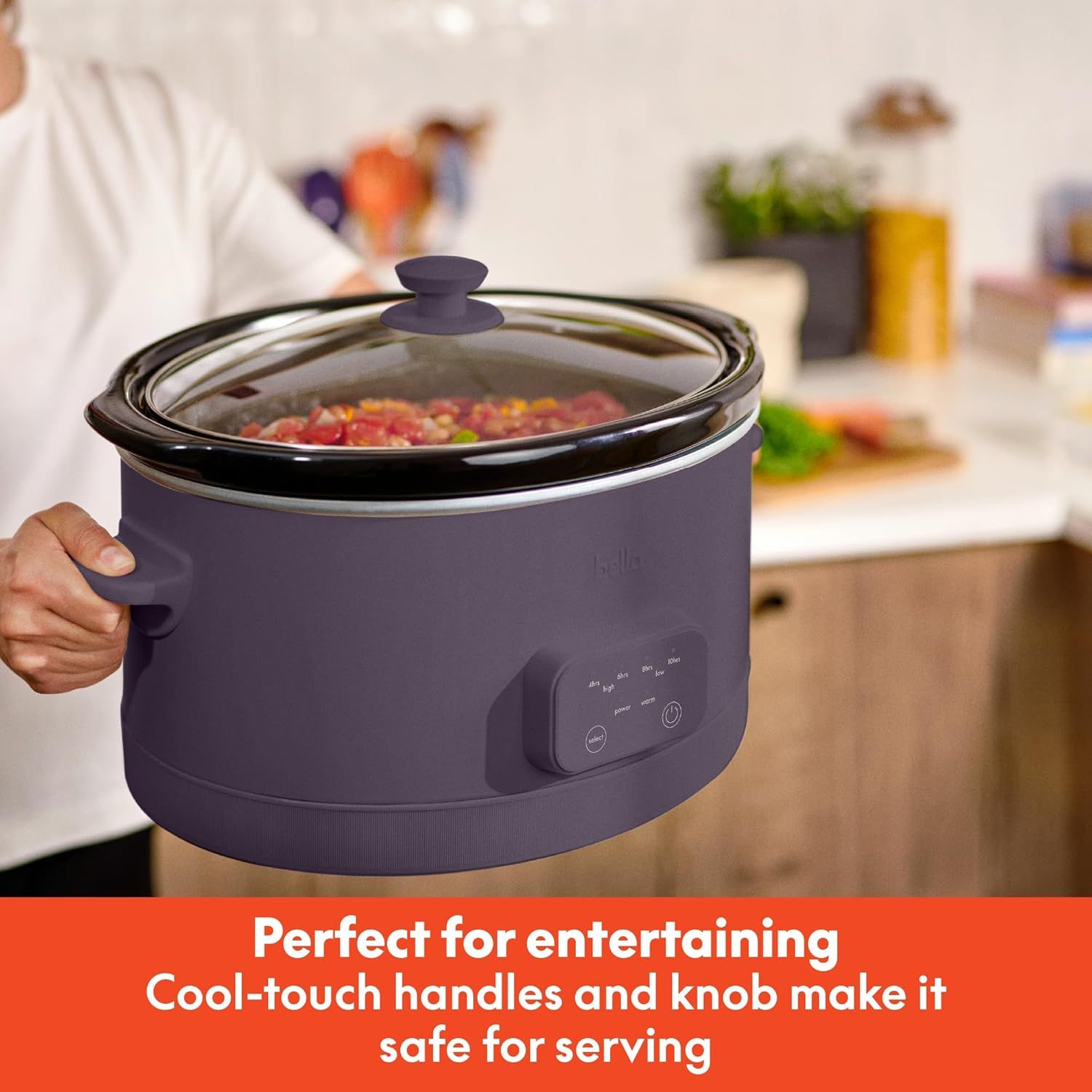 Highlights the safety and convenience of cool-touch handles and knob, reassuring shoppers that the product is safe to handle and serve from even when hot.