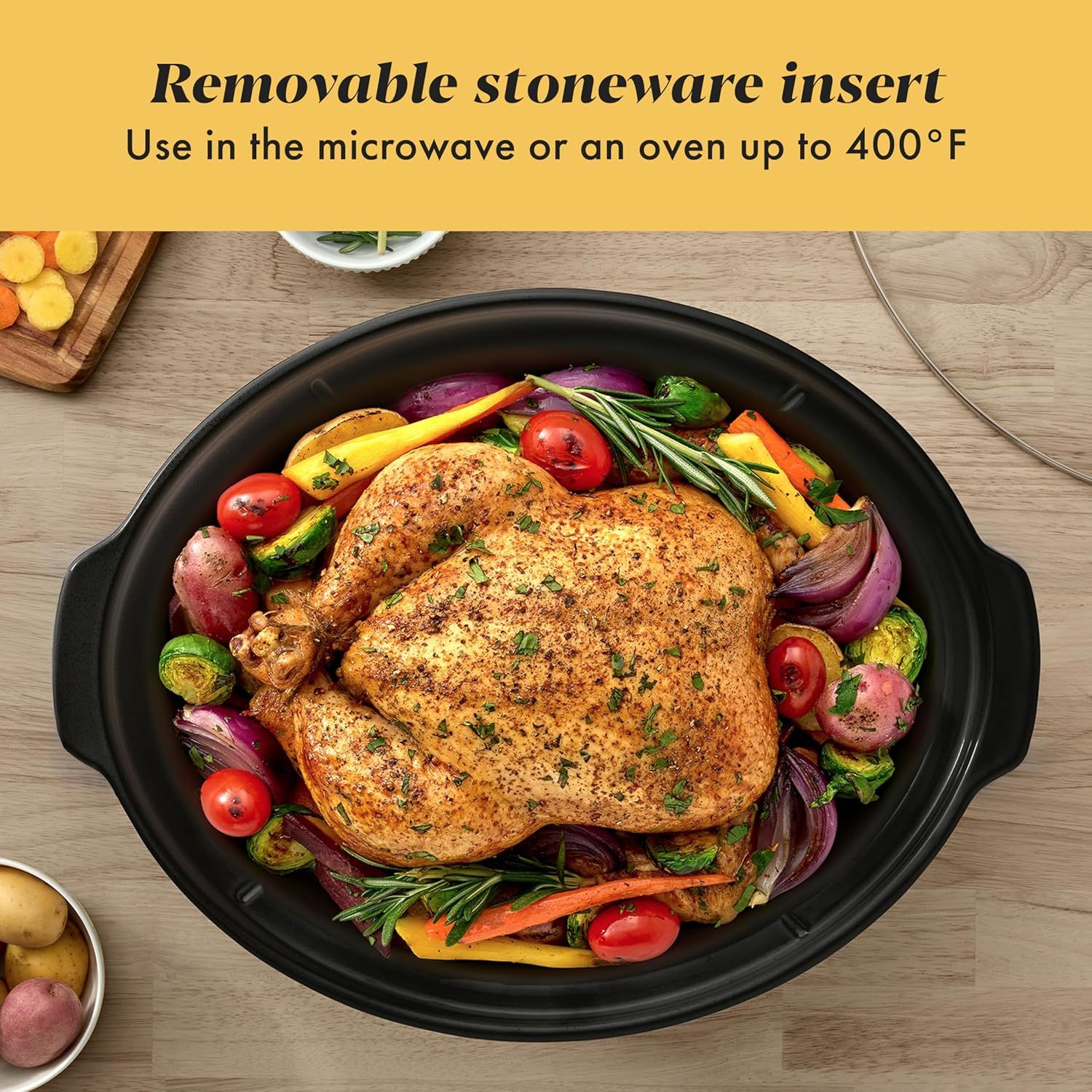 Communicates the versatility and convenience of the removable stoneware insert, which can be used in both microwave and oven settings up to 400°F.