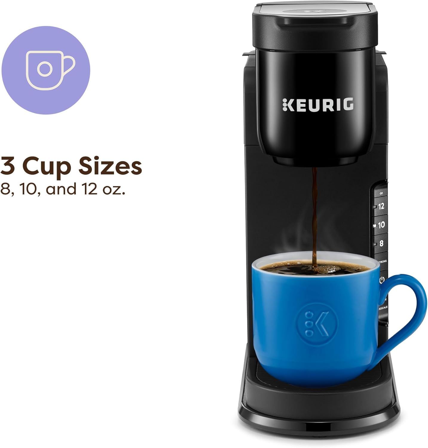Communicates that the coffee maker can brew three different cup sizes (8, 10, and 12 oz), offering flexibility and convenience to match the shopper's preferred serving size.