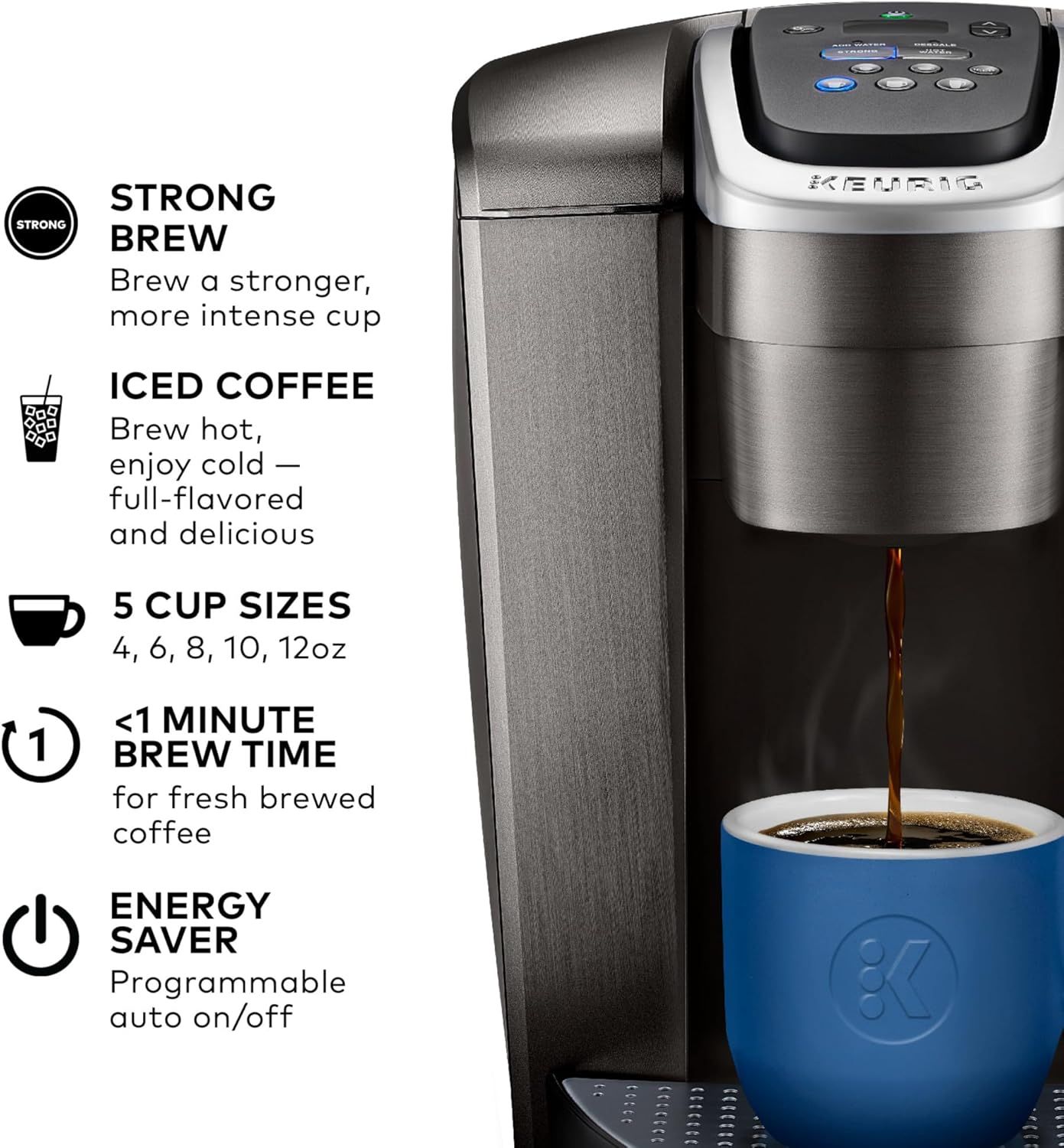 Communicates multiple key selling benefits of the Keurig coffee maker in a segmented vertical layout, highlighting brewing versatility, speed, customization options, and energy efficiency to help…
