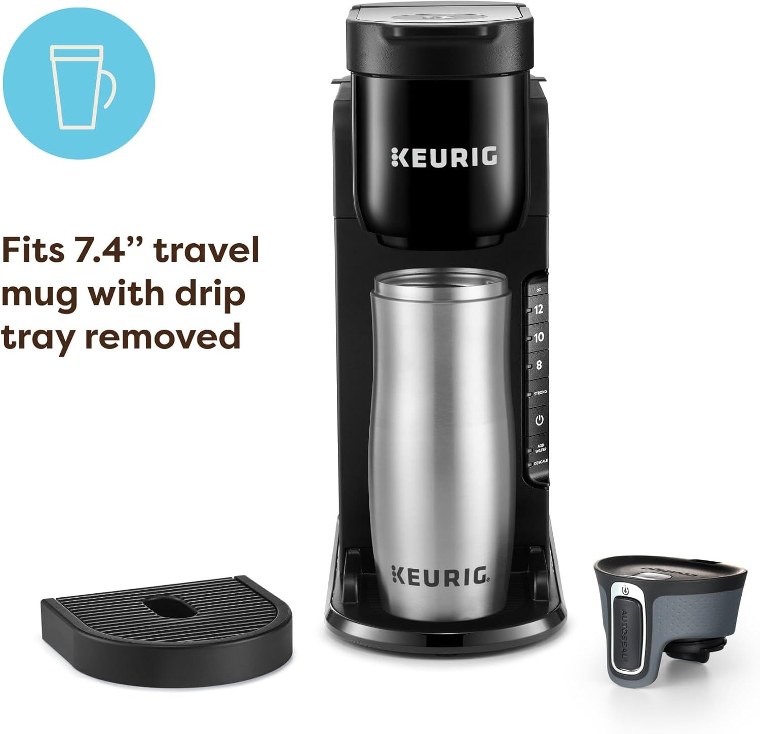 Communicates that the coffee maker can accommodate tall travel mugs (7.4 inches) when the drip tray is removed, reassuring shoppers about its versatility and convenience for on-the-go use.