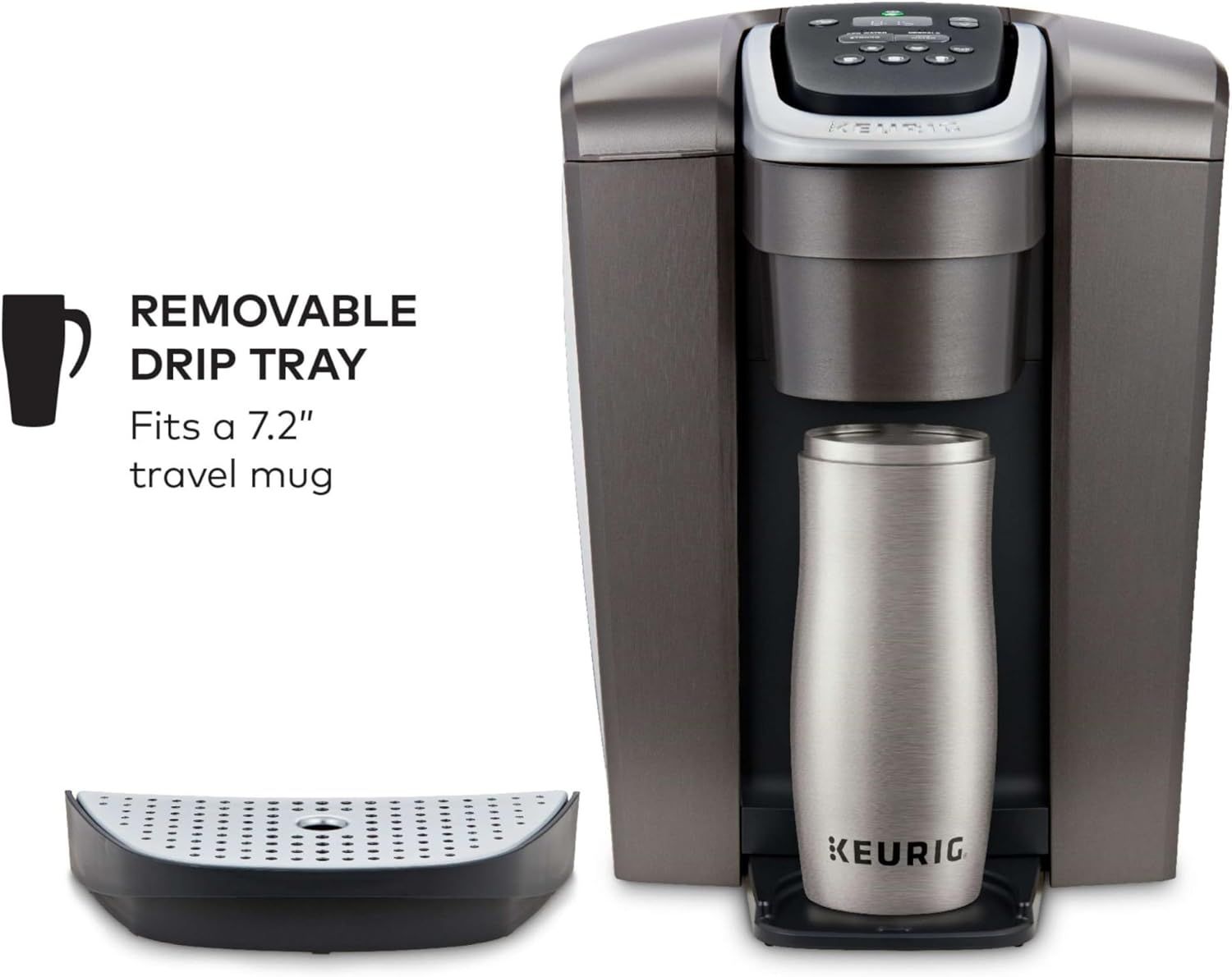 Highlights the removable drip tray feature and its compatibility with a 7.2 inch travel mug, demonstrating the product's versatility and convenience for different mug sizes. Communicates that the…