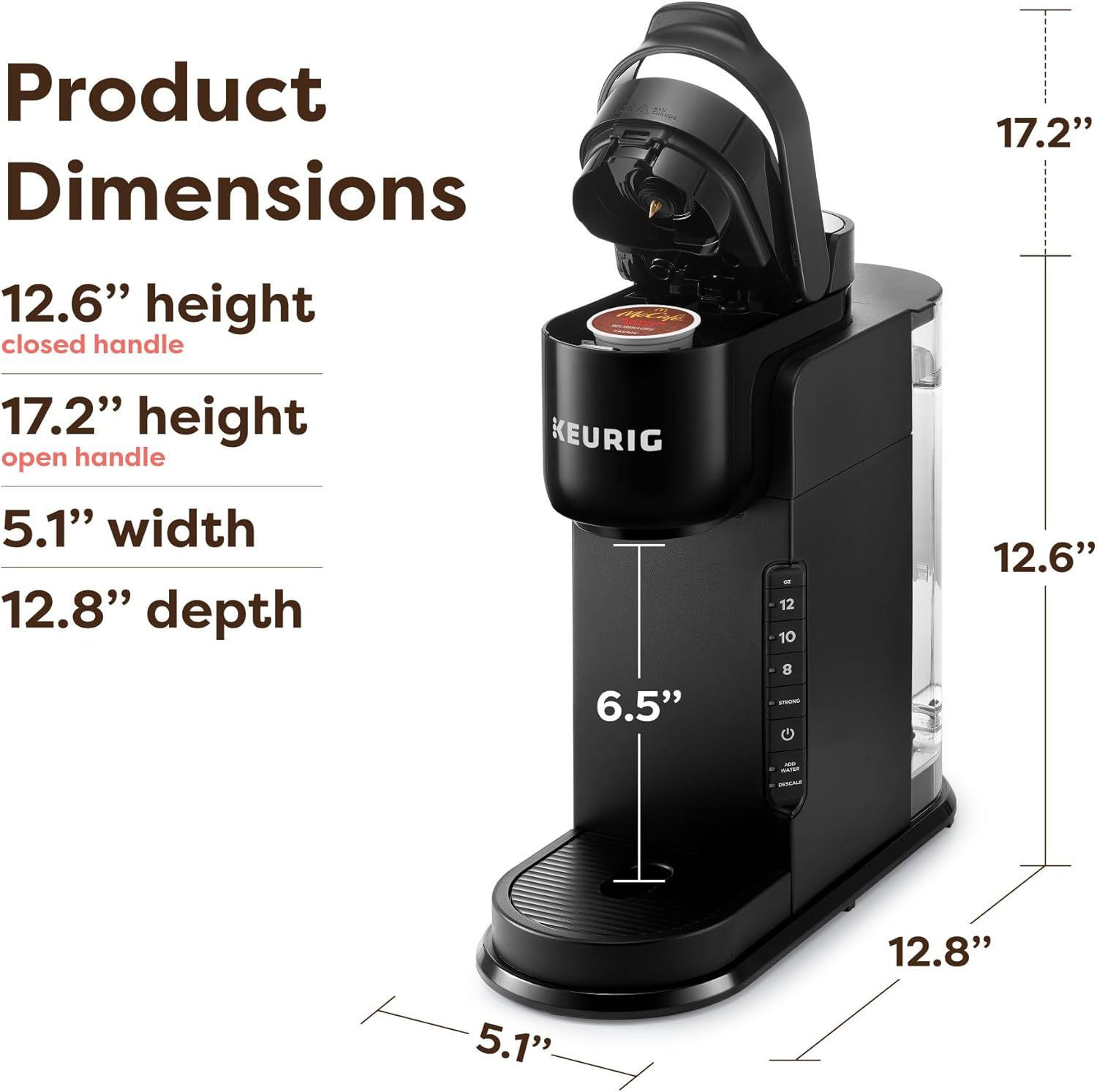 Communicates the exact physical dimensions of the coffee maker to help shoppers understand if it will fit in their kitchen space.