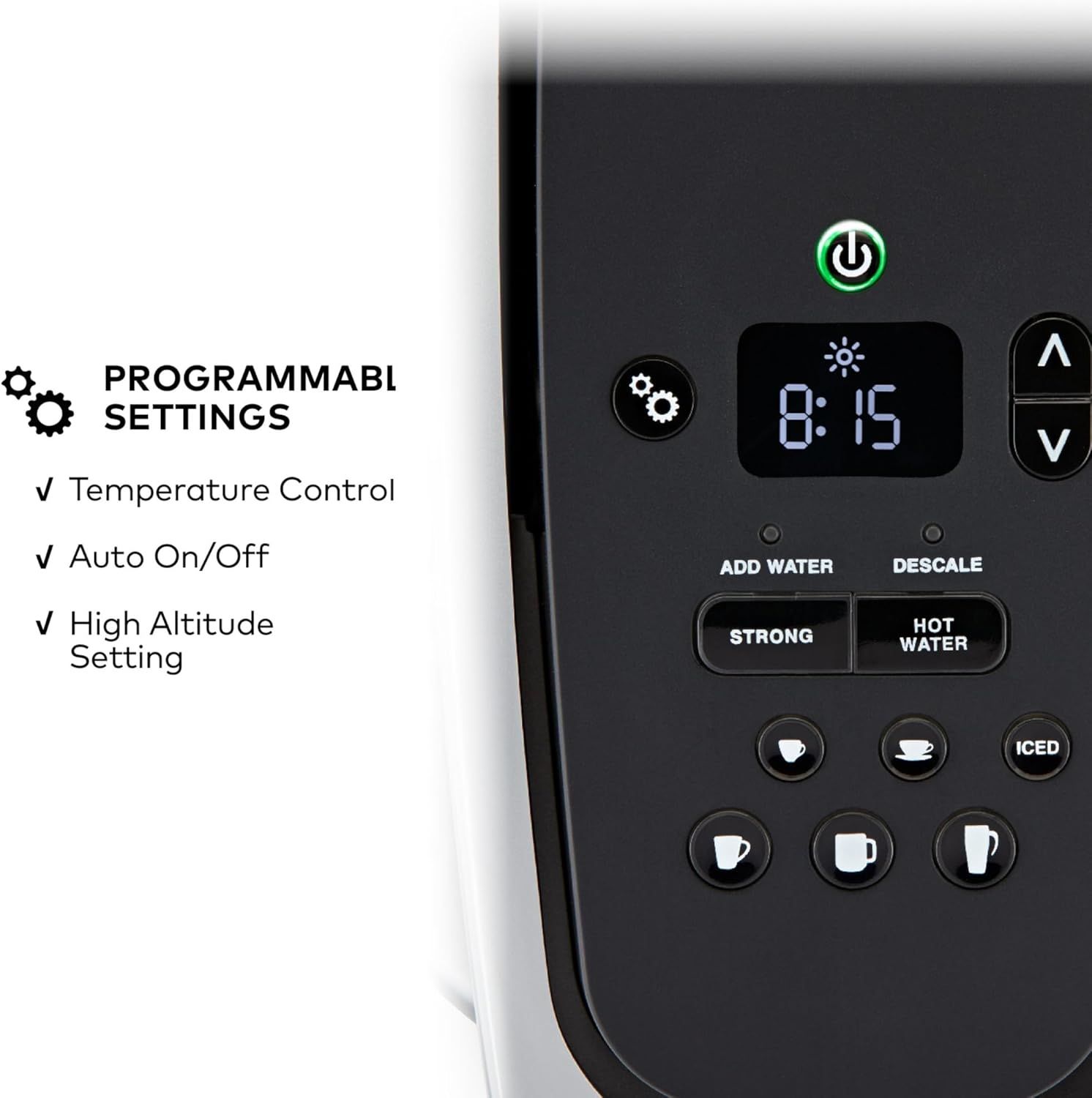 Communicates the advanced programmability and customization features of the coffee maker to reassure shoppers that the machine offers flexible, convenient control options.