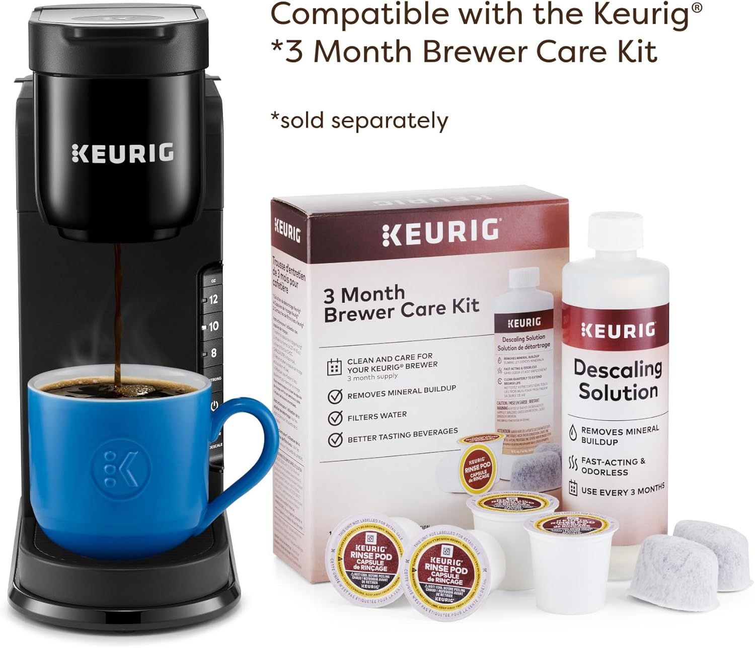 Communicates that this Keurig brewer is compatible with the Keurig 3 Month Brewer Care Kit (sold separately), reassuring shoppers about maintenance options and long-term care for their machine.