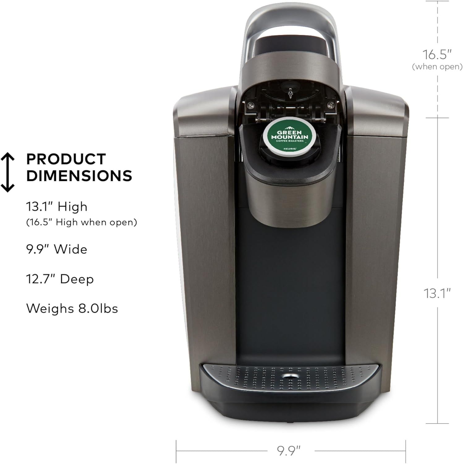 Communicates the exact physical dimensions and weight of the coffee maker to help shoppers determine if it will fit in their space.