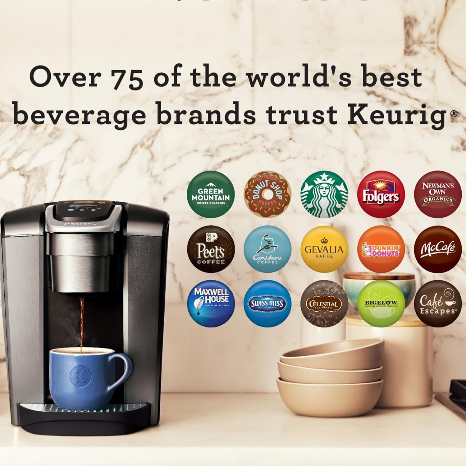 Communicates that Keurig is trusted by over 75 of the world's best beverage brands, building credibility and reassuring shoppers about the wide variety of compatible coffee and beverage options…