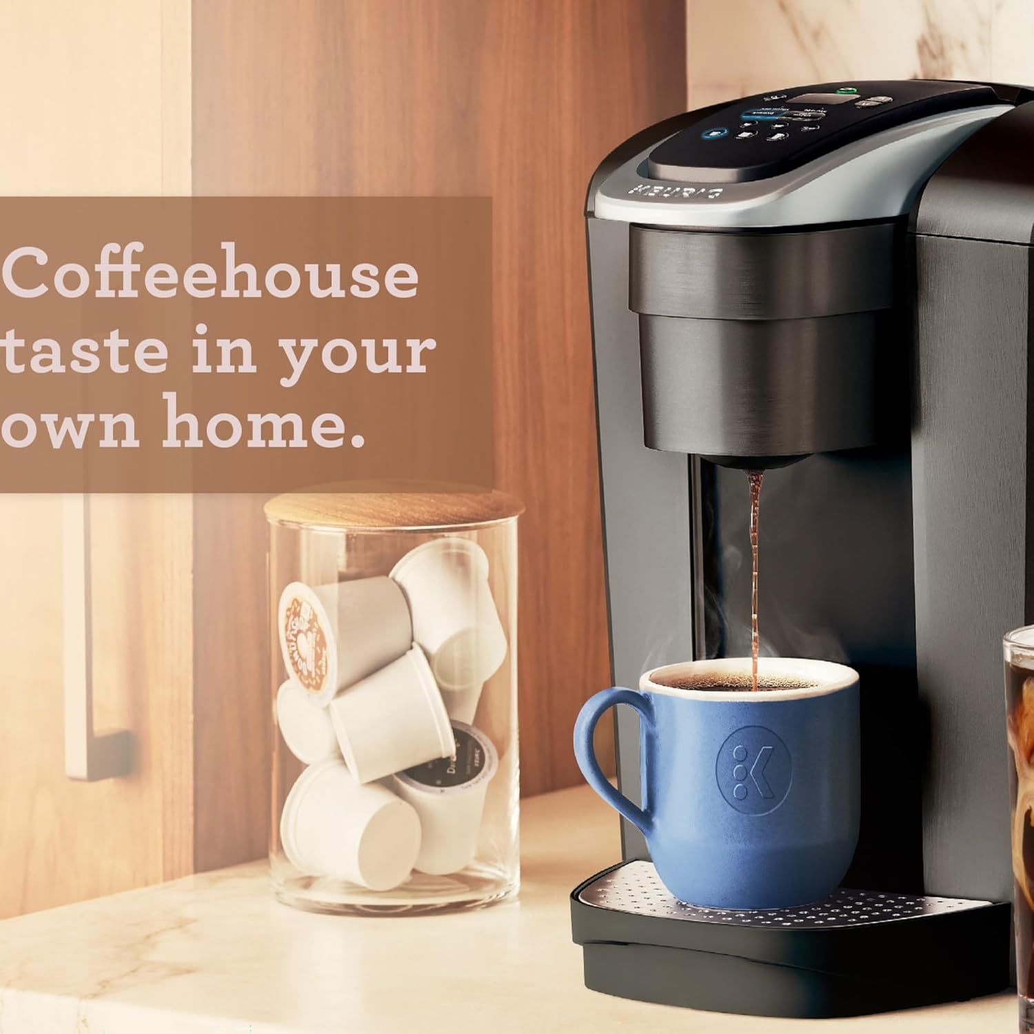 Communicates that the product delivers premium, coffeehouse-quality coffee in the convenience of your own home, appealing to shoppers who want café-style beverages without leaving home.