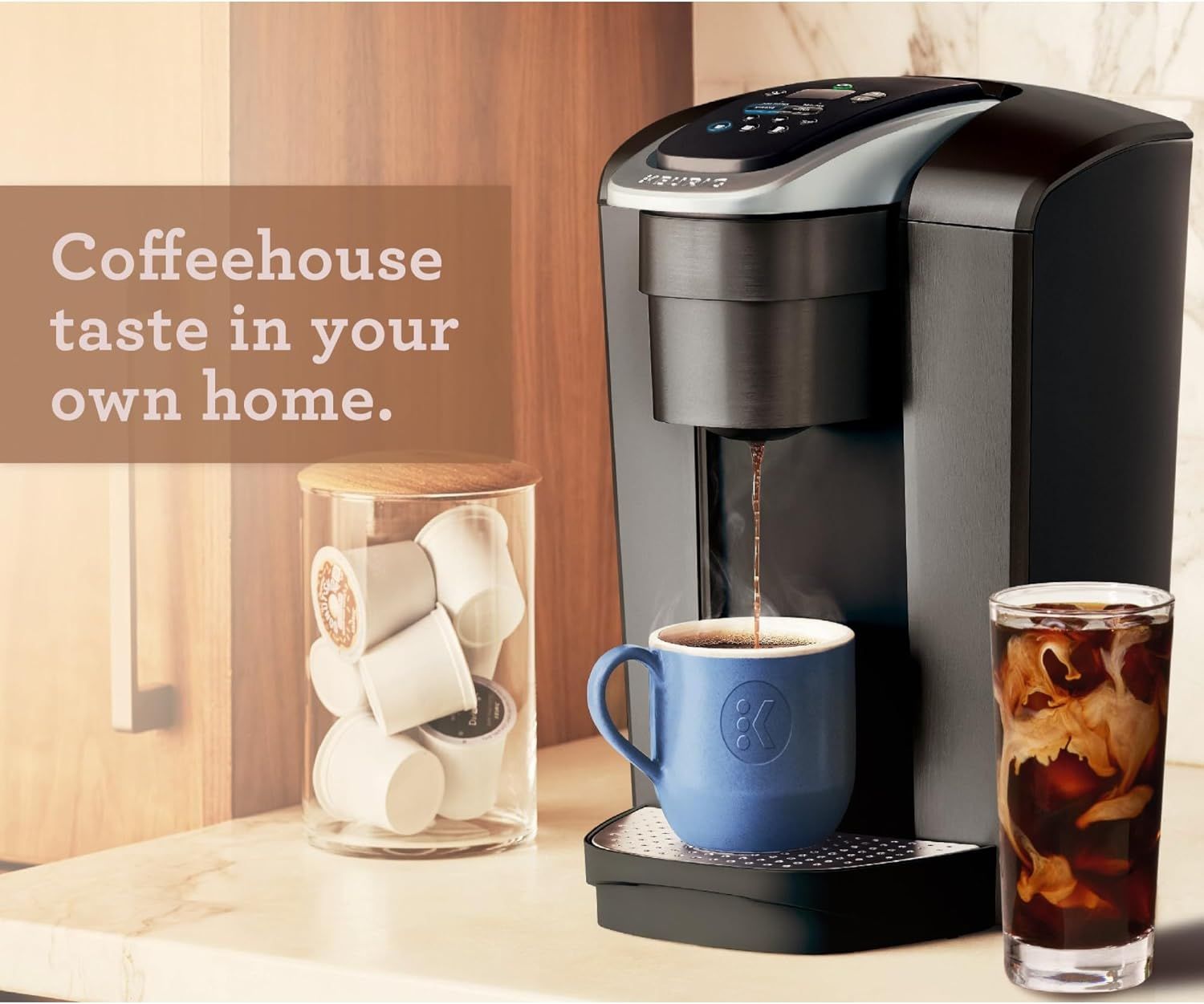 Communicates that the product delivers premium, coffeehouse-quality beverages in the convenience of your own home, appealing to coffee enthusiasts seeking café-style drinks.