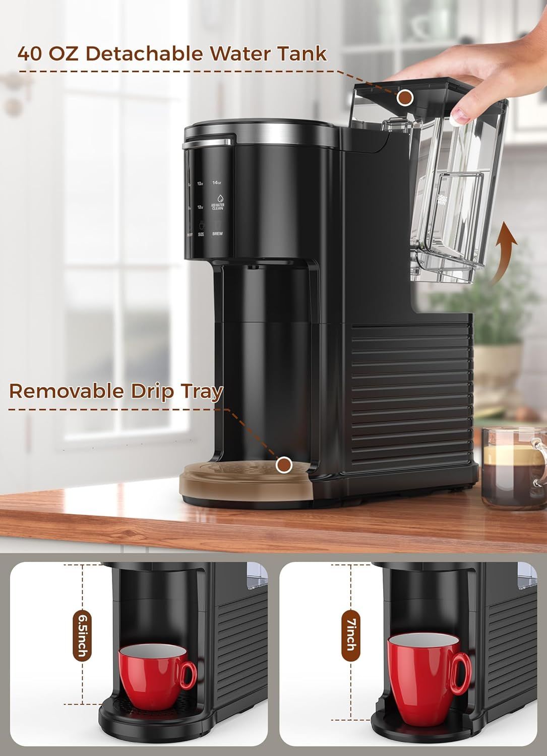 Highlights the key physical components and functional parts of the coffee maker, showing the detachable water tank for easy refilling and the removable drip tray that adjusts to accommodate…