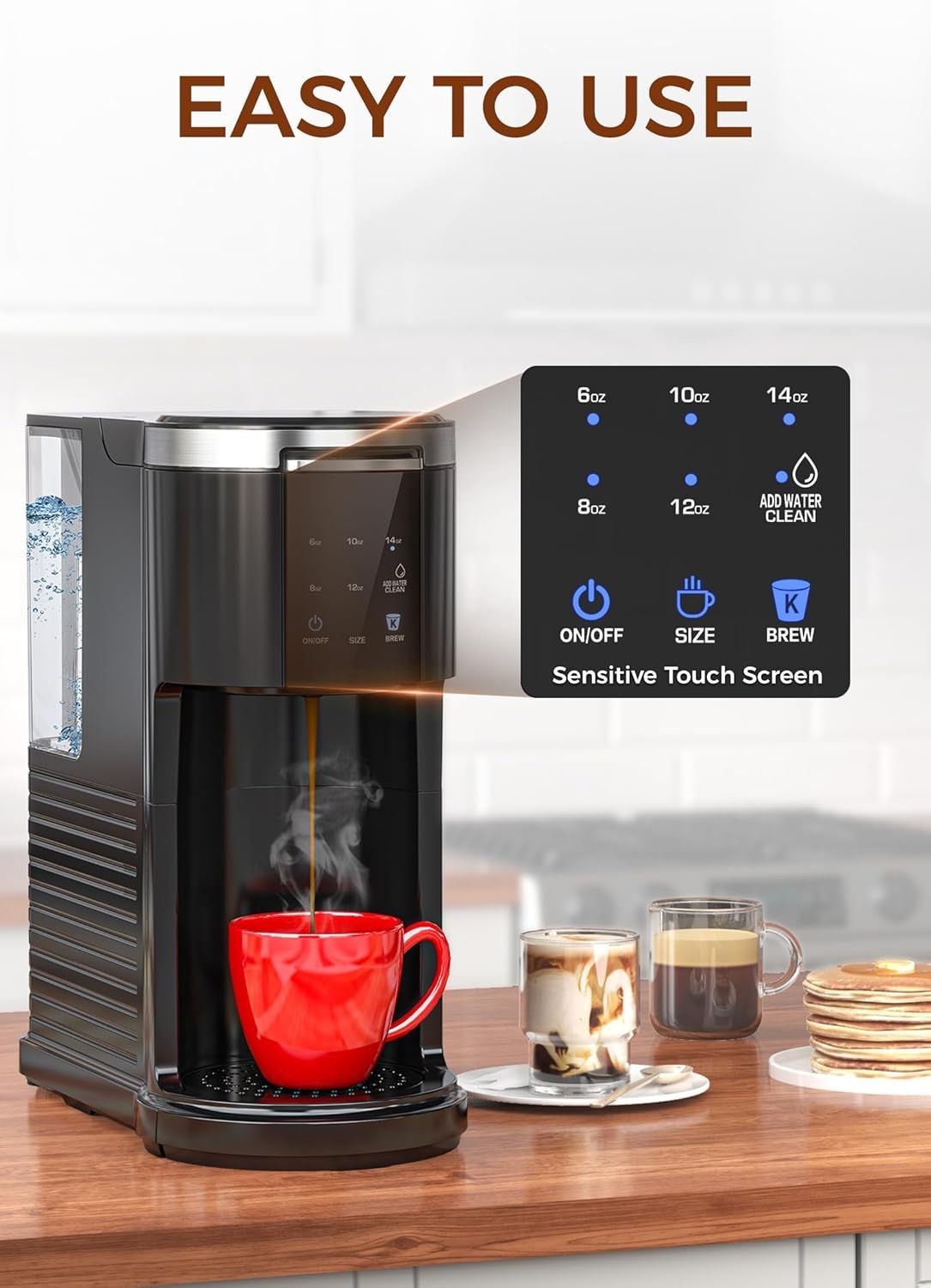 Communicates that the coffee maker is user-friendly with an intuitive touch screen interface, reassuring shoppers that operation is simple and straightforward.
