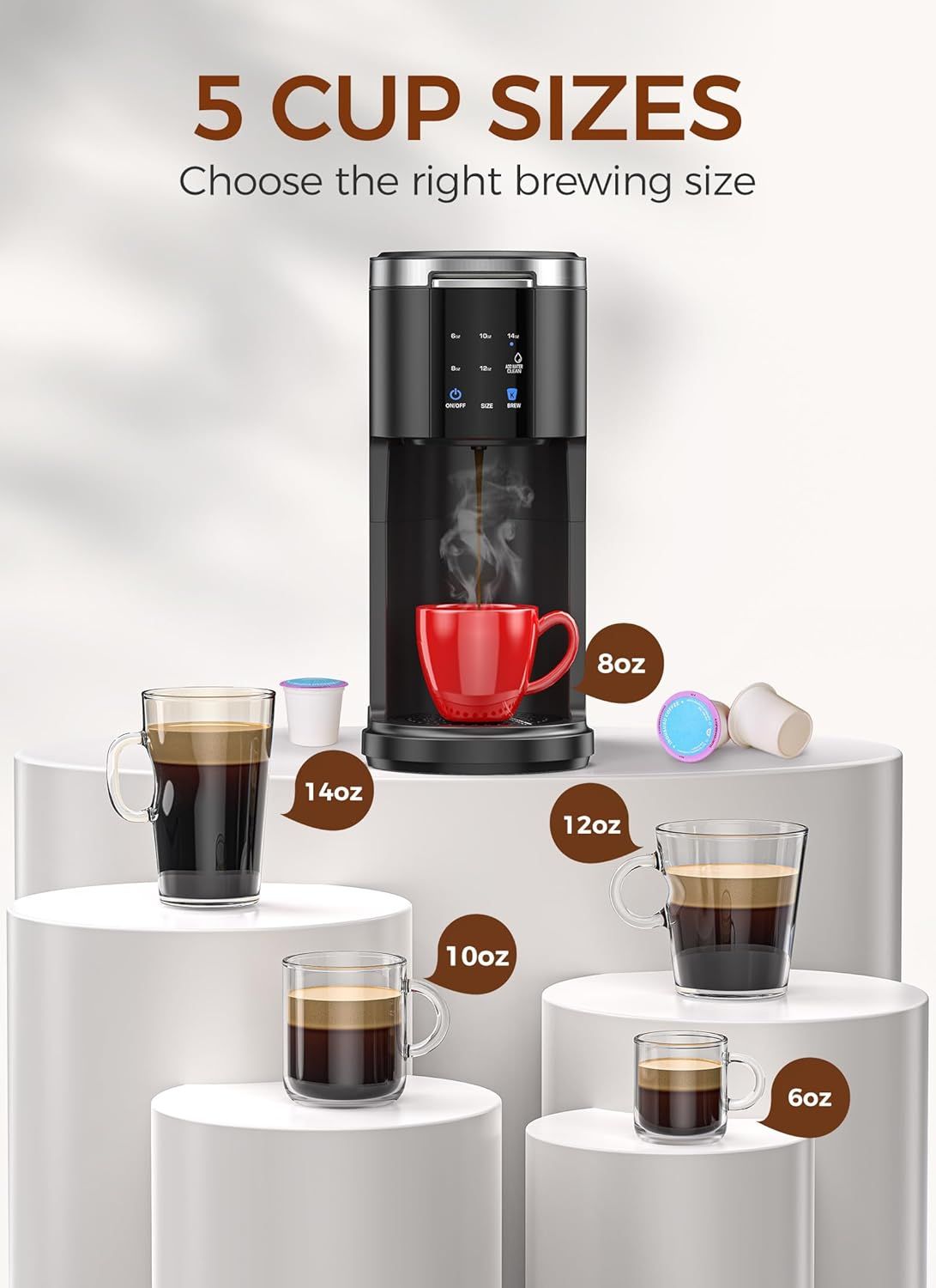 Communicates the product's versatility by showing it can brew five different cup sizes (6oz, 8oz, 10oz, 12oz, 14oz), helping shoppers understand they can customize their coffee serving size to their…