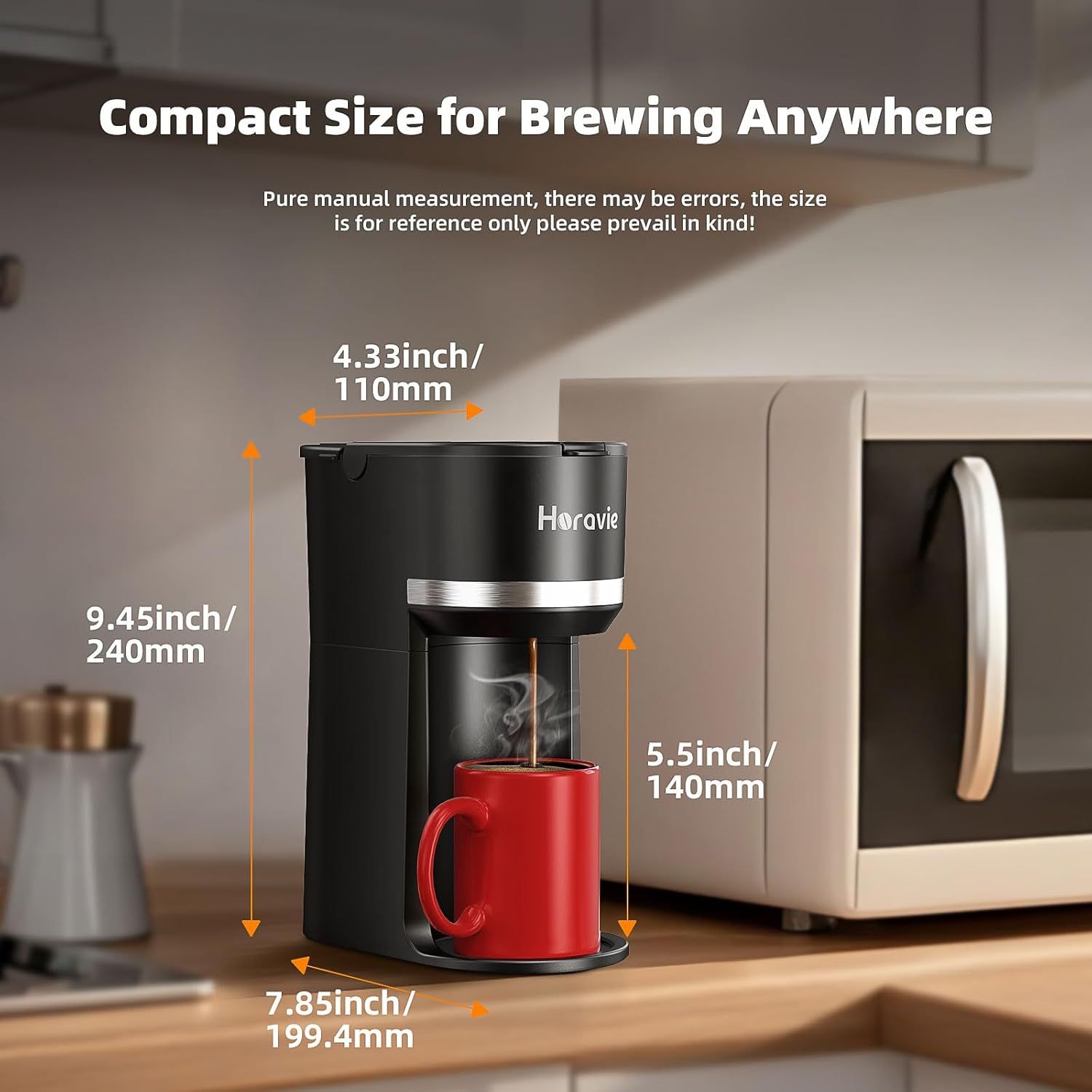Communicates the exact physical dimensions of the coffee maker to help shoppers understand its compact footprint and ensure it fits their counter space. Highlights the product's compact size as a…