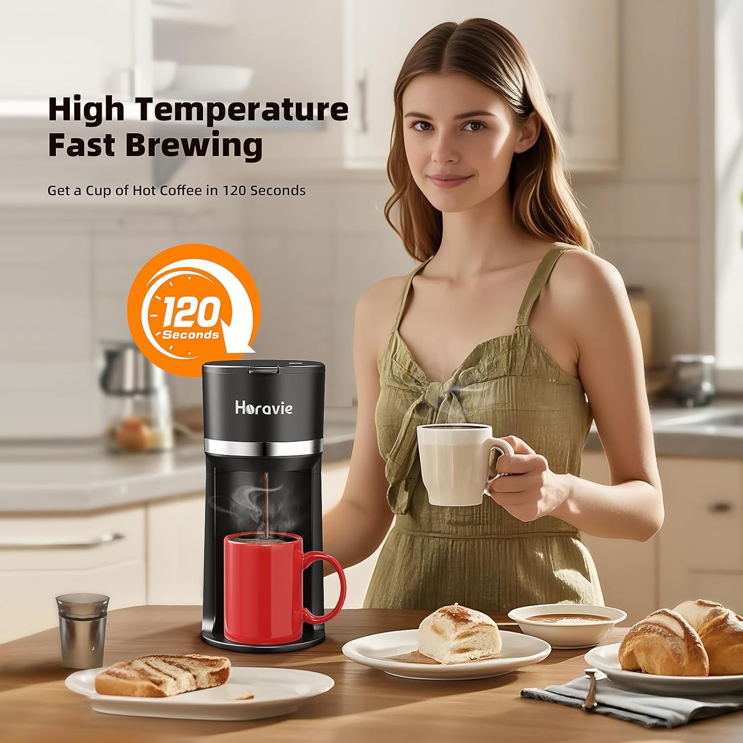 Communicates the product's speed and efficiency by highlighting that it can brew a cup of hot coffee in just 120 seconds, appealing to busy shoppers who value convenience and time-saving features.…