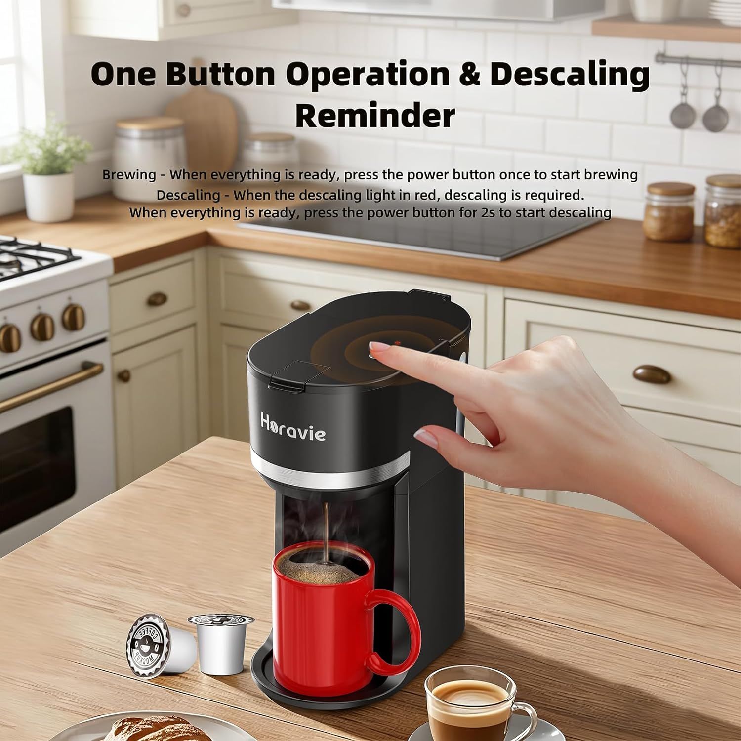 Explains how to operate the coffee maker with simple one-button brewing and provides clear descaling instructions to help shoppers understand ease of use and maintenance. Highlights the product's…
