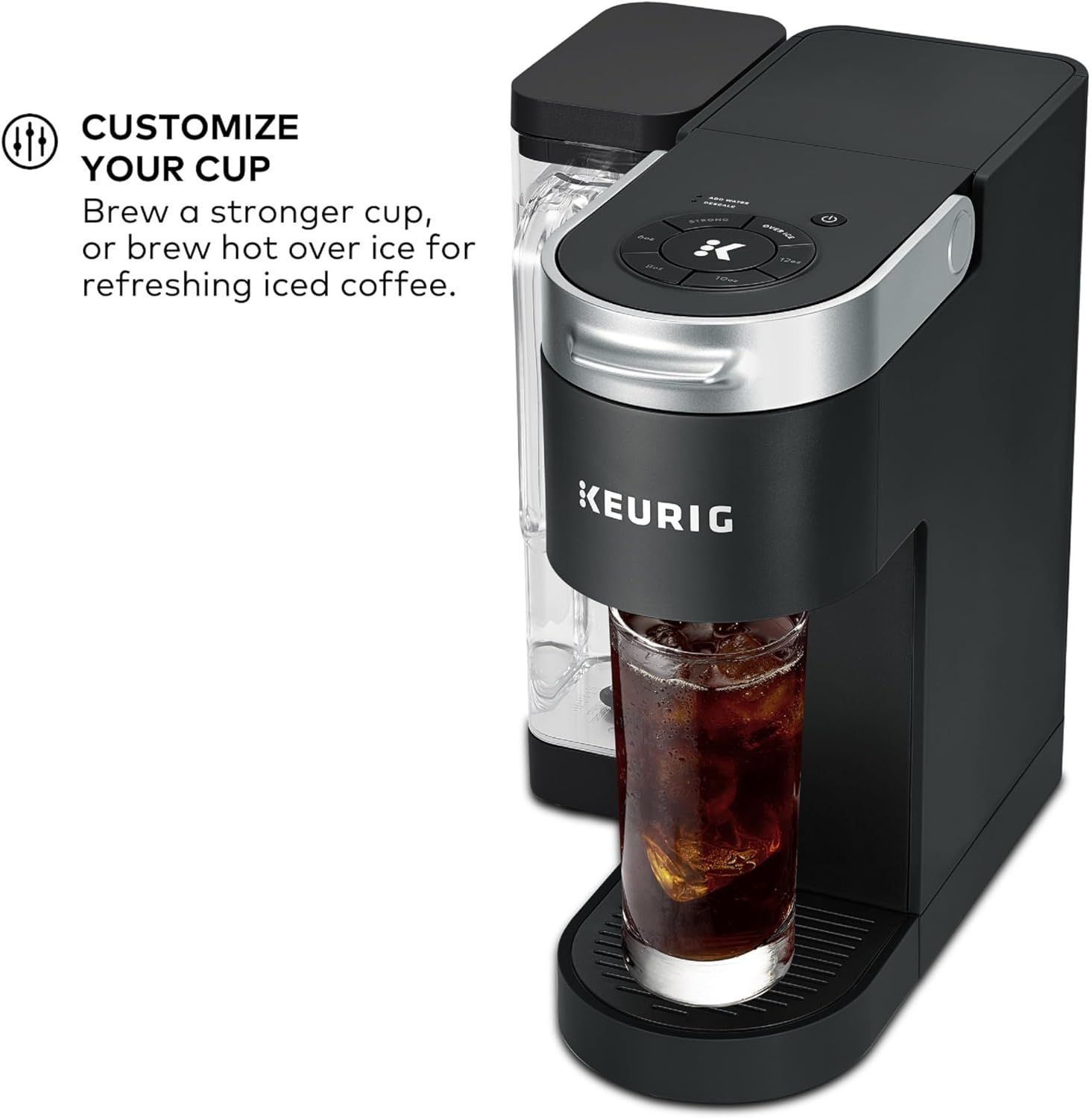 Communicates the product's versatility in brewing customizable coffee options, including stronger brews and iced coffee, to appeal to shoppers seeking flexibility in their coffee preparation.