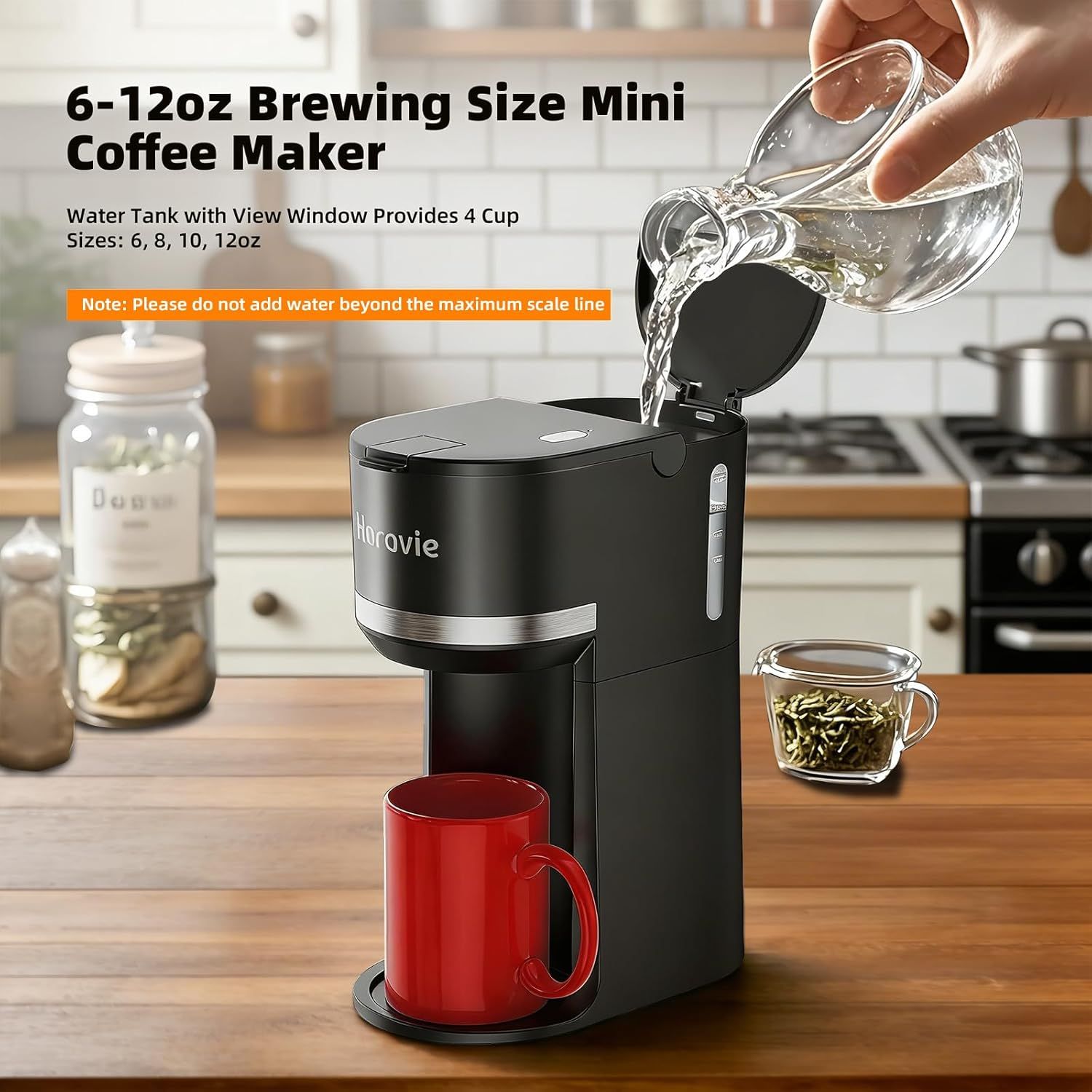 Demonstrates how to use the coffee maker by showing the simple process of filling the water tank, reassuring shoppers that setup and operation are straightforward. Highlights the transparent water…