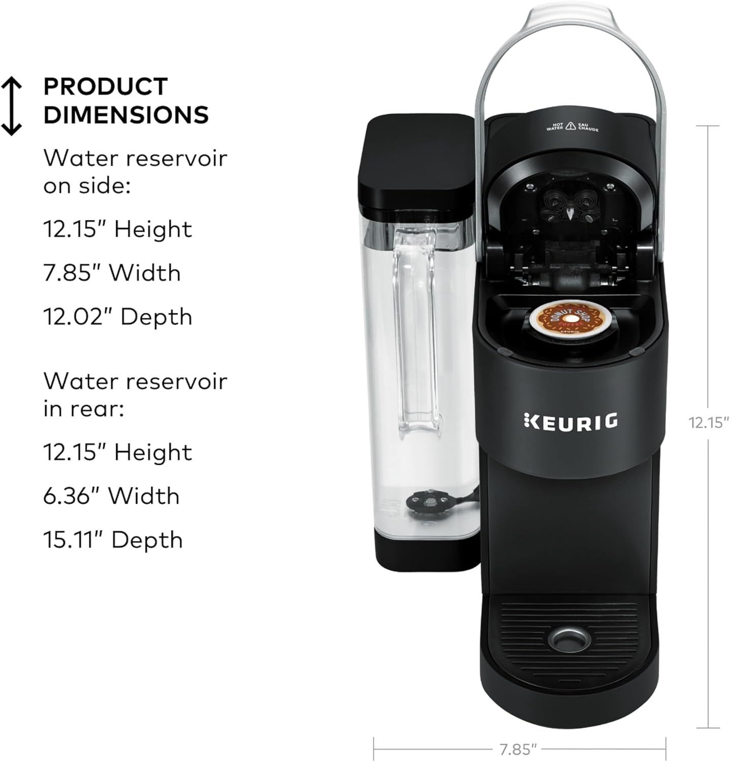 Provides exact physical measurements of the coffee maker with water reservoir in different positions to help shoppers understand the space requirements and physical footprint of the product.