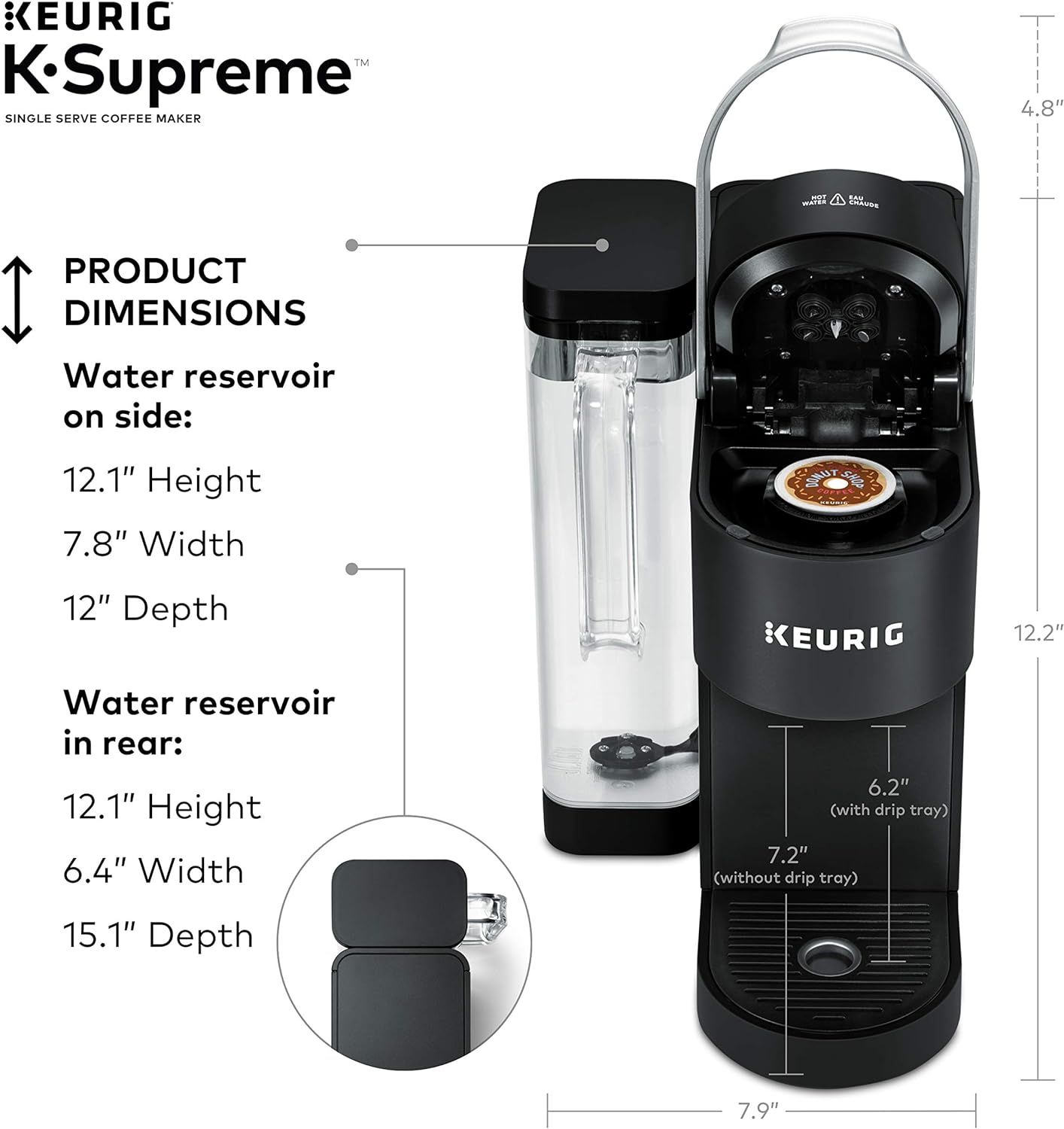 Provides detailed physical measurements of the coffee maker and its water reservoir configurations to help shoppers understand the exact size and space requirements for the product.