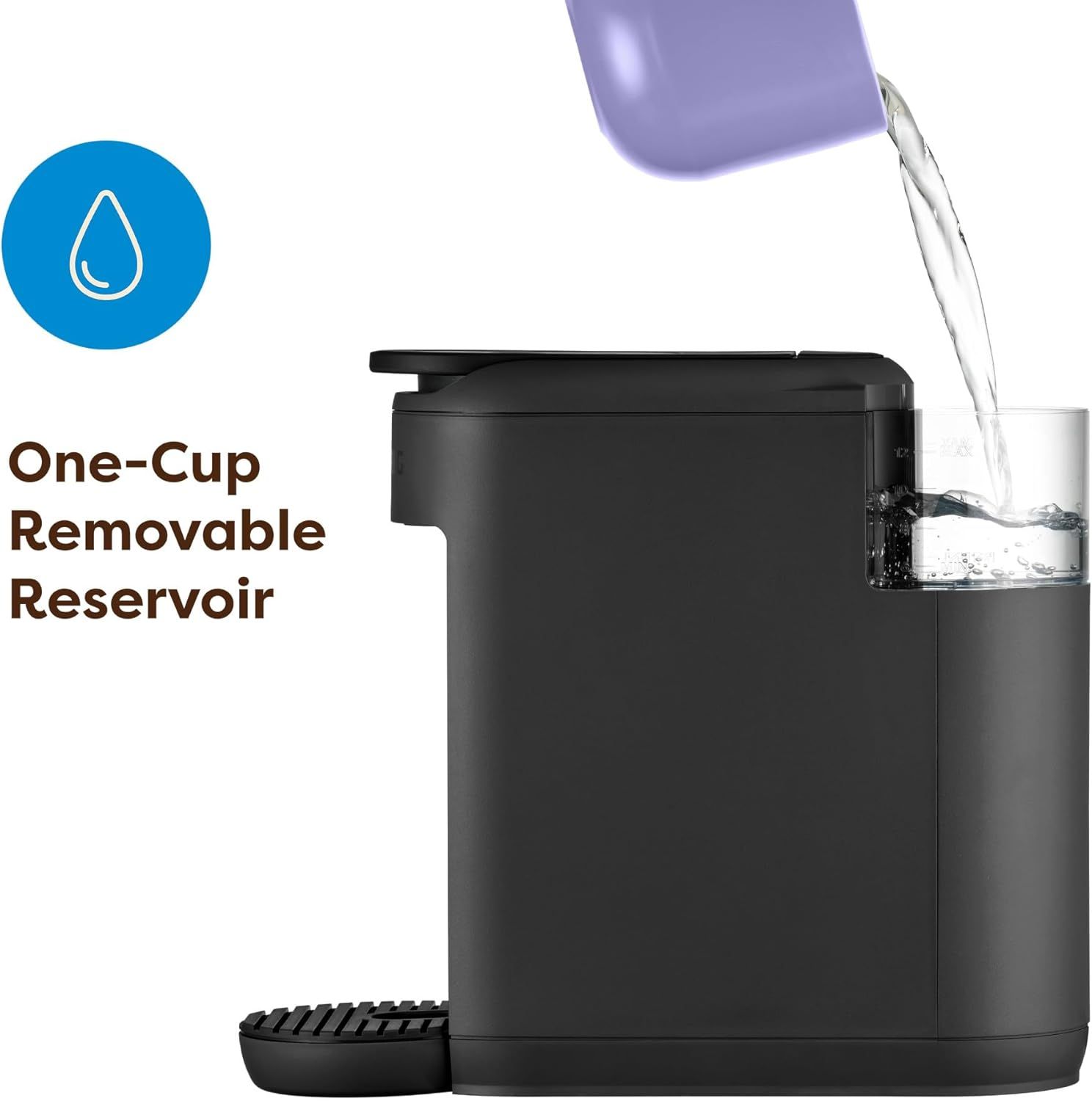 Highlights the convenience of the removable one-cup water reservoir, reassuring shoppers that the coffee maker is easy to fill and maintain for single-serve brewing.