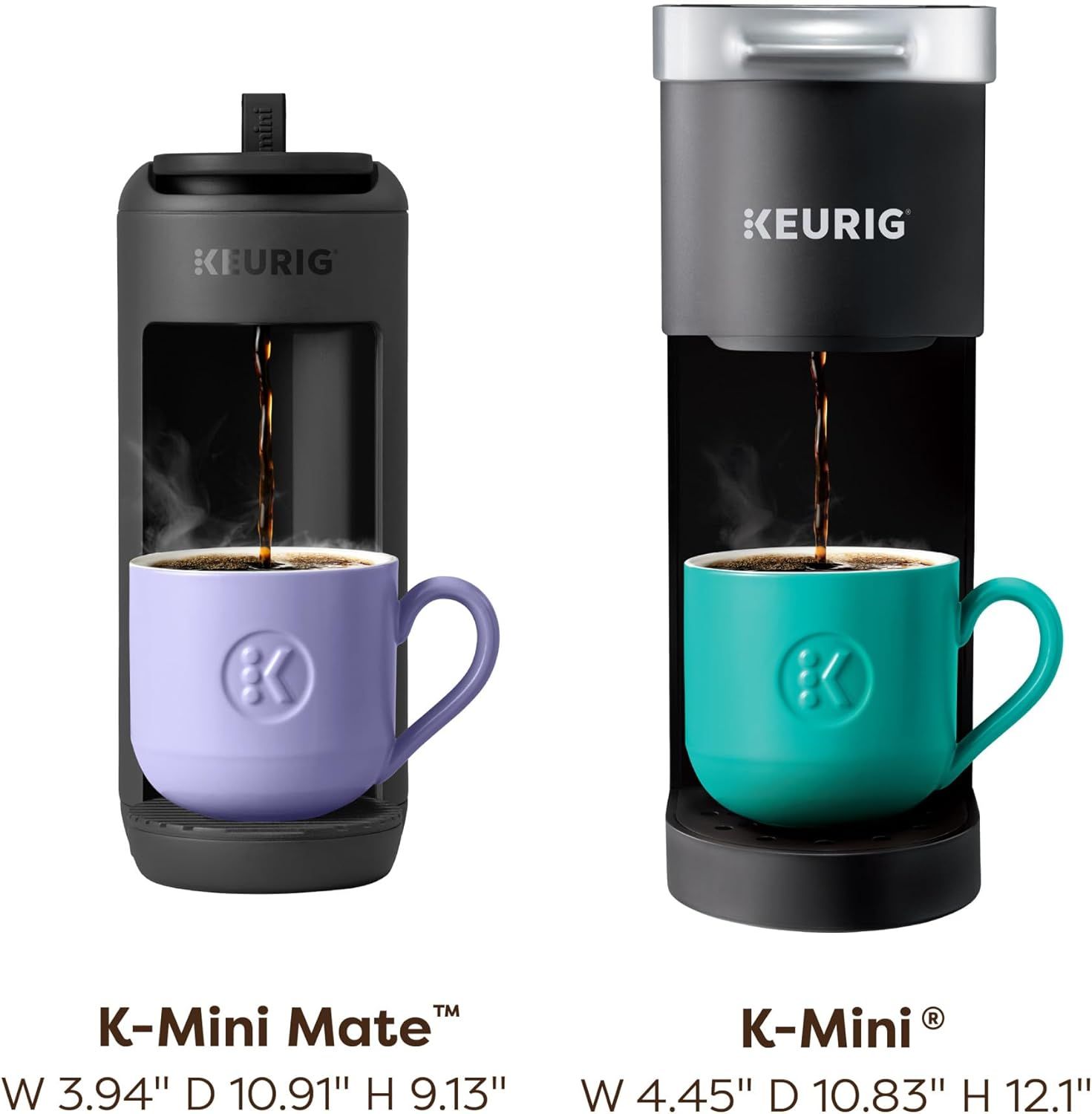 Shows the size and design differences between two Keurig models (K-Mini Mate and K-Mini) to help shoppers choose the right product for their needs. Provides exact width, depth, and height…