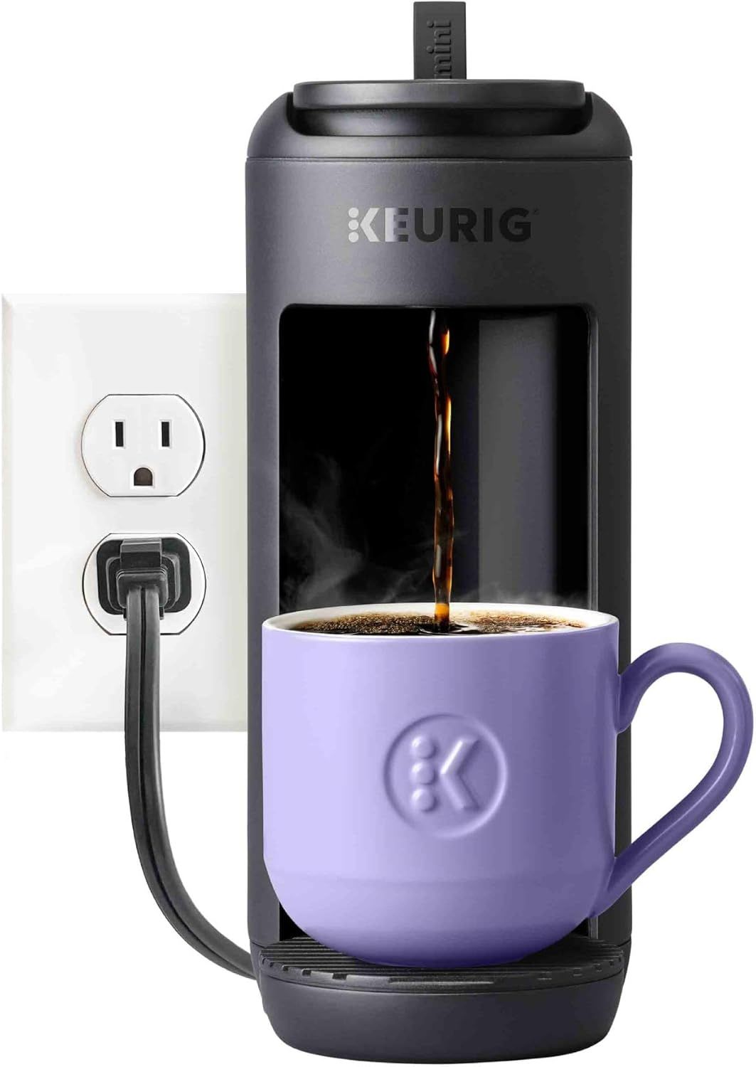Demonstrates the coffee maker's compact footprint by showing it plugged into a standard wall outlet, reassuring shoppers it won't take up much counter space.