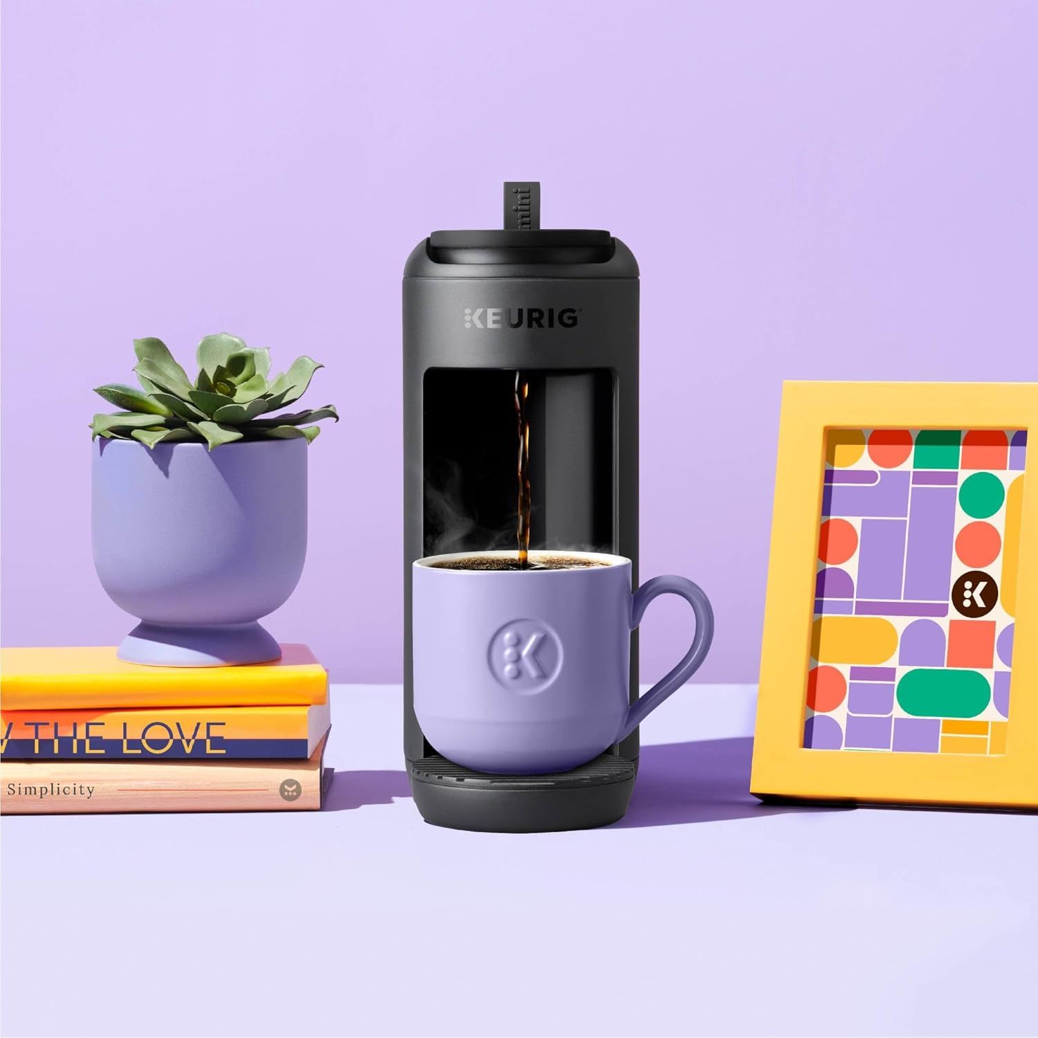 Showcases the Keurig coffee maker in a stylish, real-world home environment to help shoppers visualize the product in their own space and lifestyle.