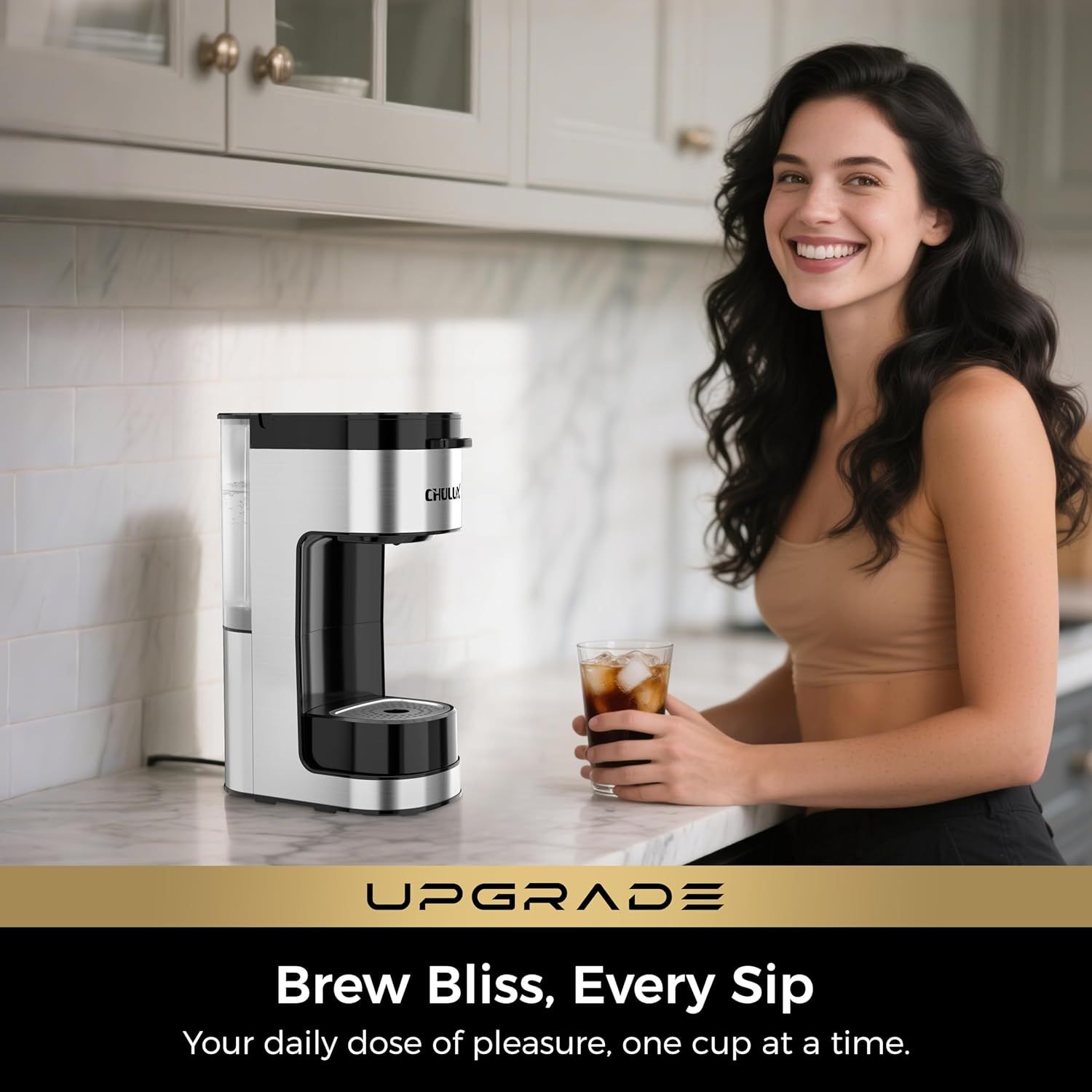Demonstrates the product in a real-world kitchen environment with a satisfied user enjoying their beverage, creating an aspirational and relatable lifestyle context.