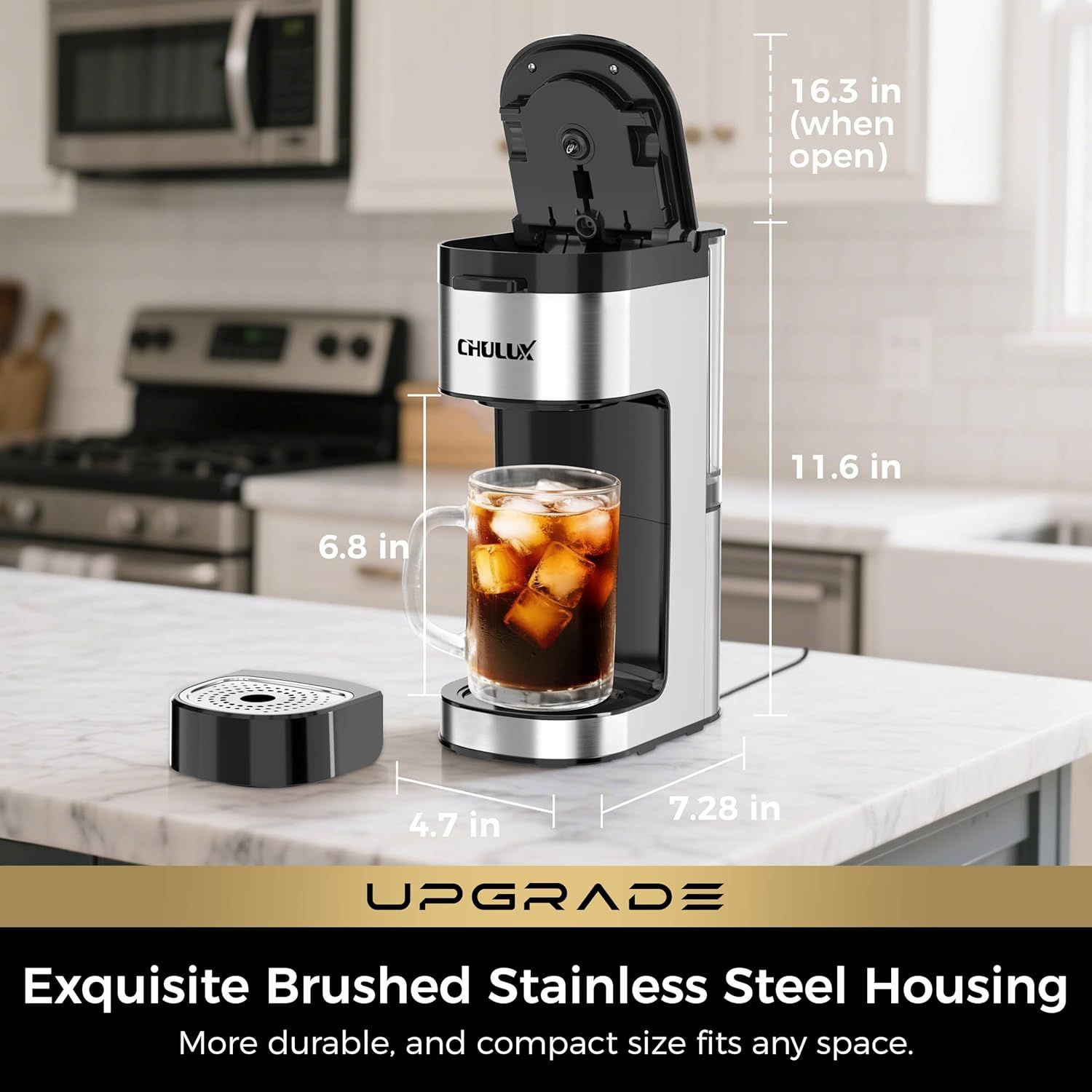 Communicates the exact physical dimensions of the ice maker to help shoppers understand how much counter space it requires and whether it will fit in their kitchen. Highlights the product's premium…