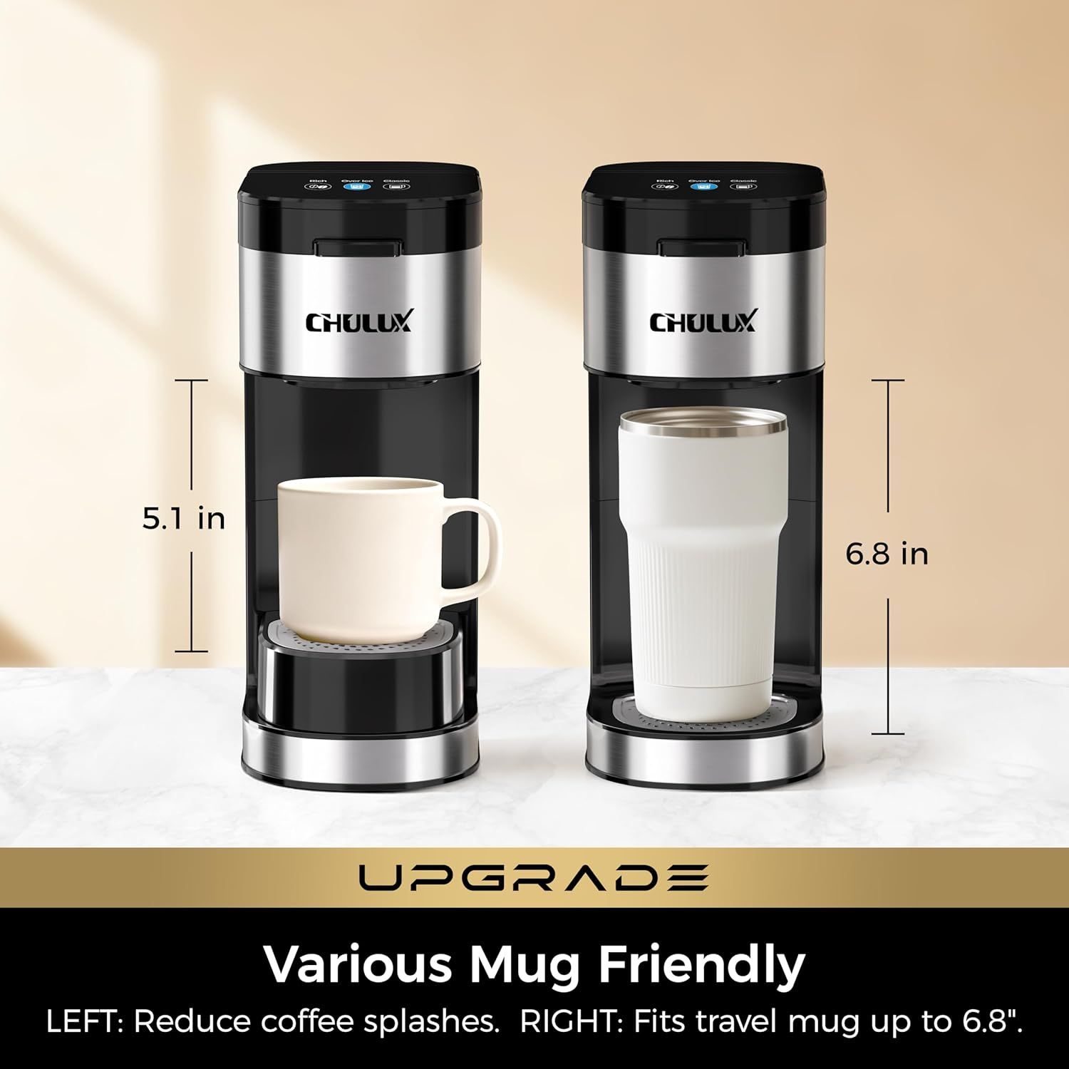 Demonstrates the physical height of the product in two configurations (5.1 inches with standard mug, 6.8 inches with travel mug) to help shoppers understand size and compatibility with different mug…