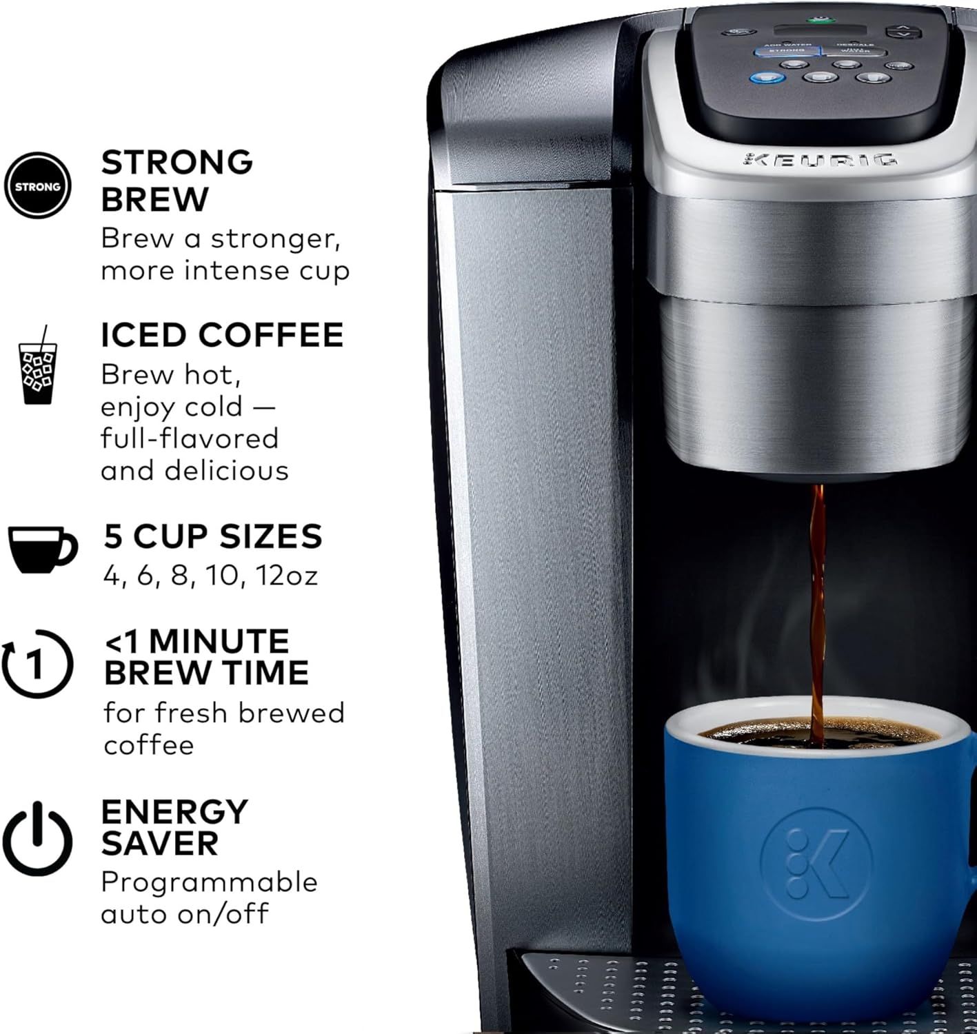 Communicates multiple key selling benefits of the coffee maker in a segmented layout, highlighting versatility, speed, customization options, and energy efficiency to appeal to various shopper needs.