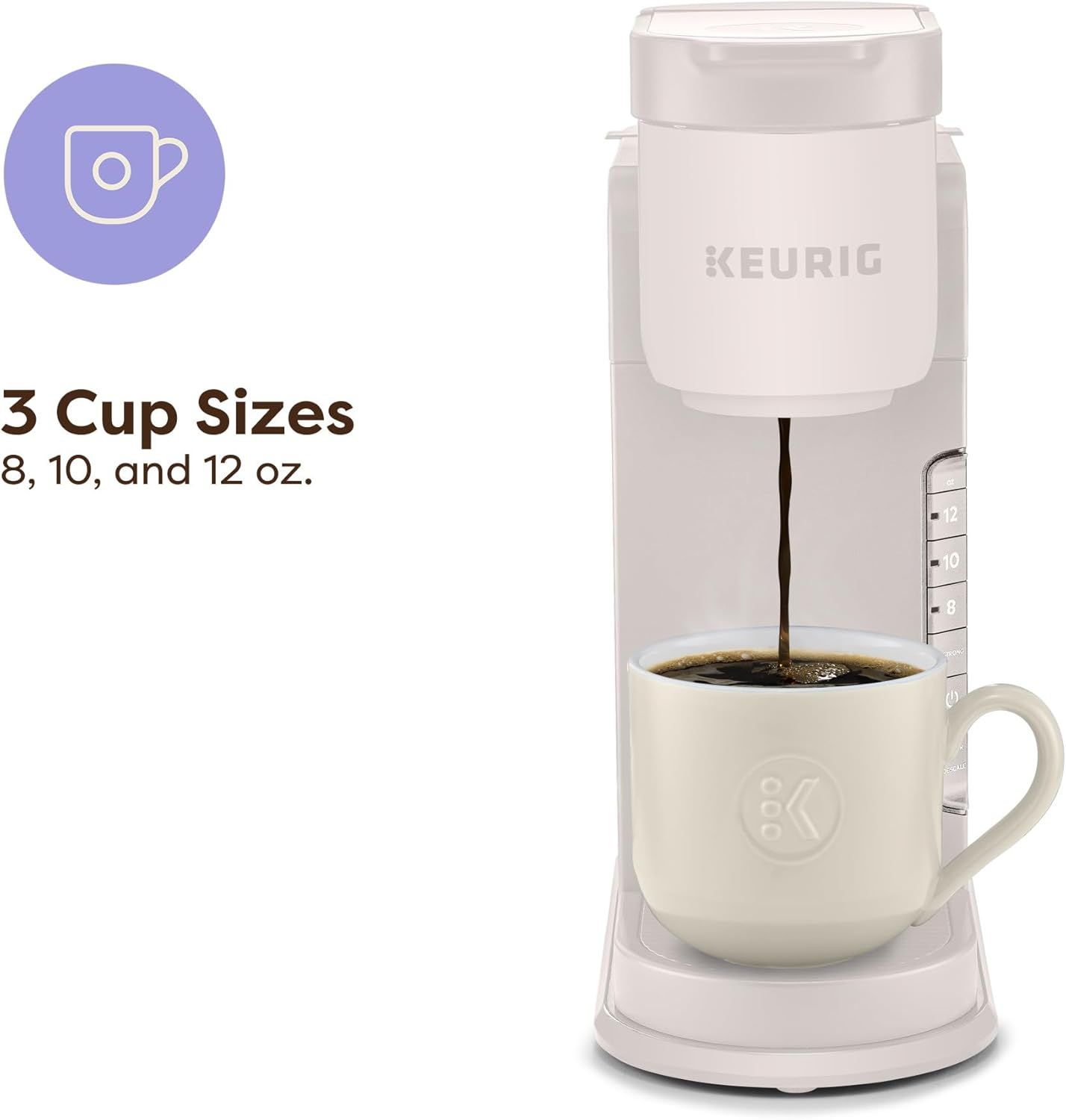 Communicates that the Keurig coffee maker can brew three different cup sizes (8, 10, and 12 oz), offering flexibility and convenience to match the shopper's preferred coffee serving size.
