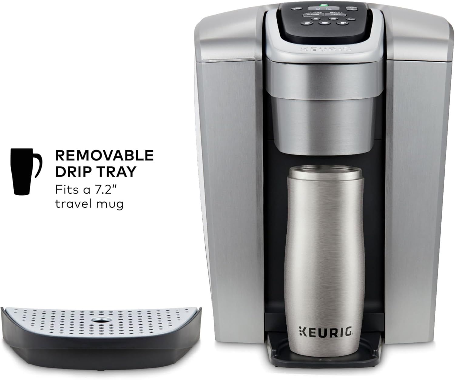 Highlights the removable drip tray feature and its compatibility with a 7.2-inch travel mug, reassuring shoppers about the product's versatility and ease of cleaning. Communicates the key benefit…