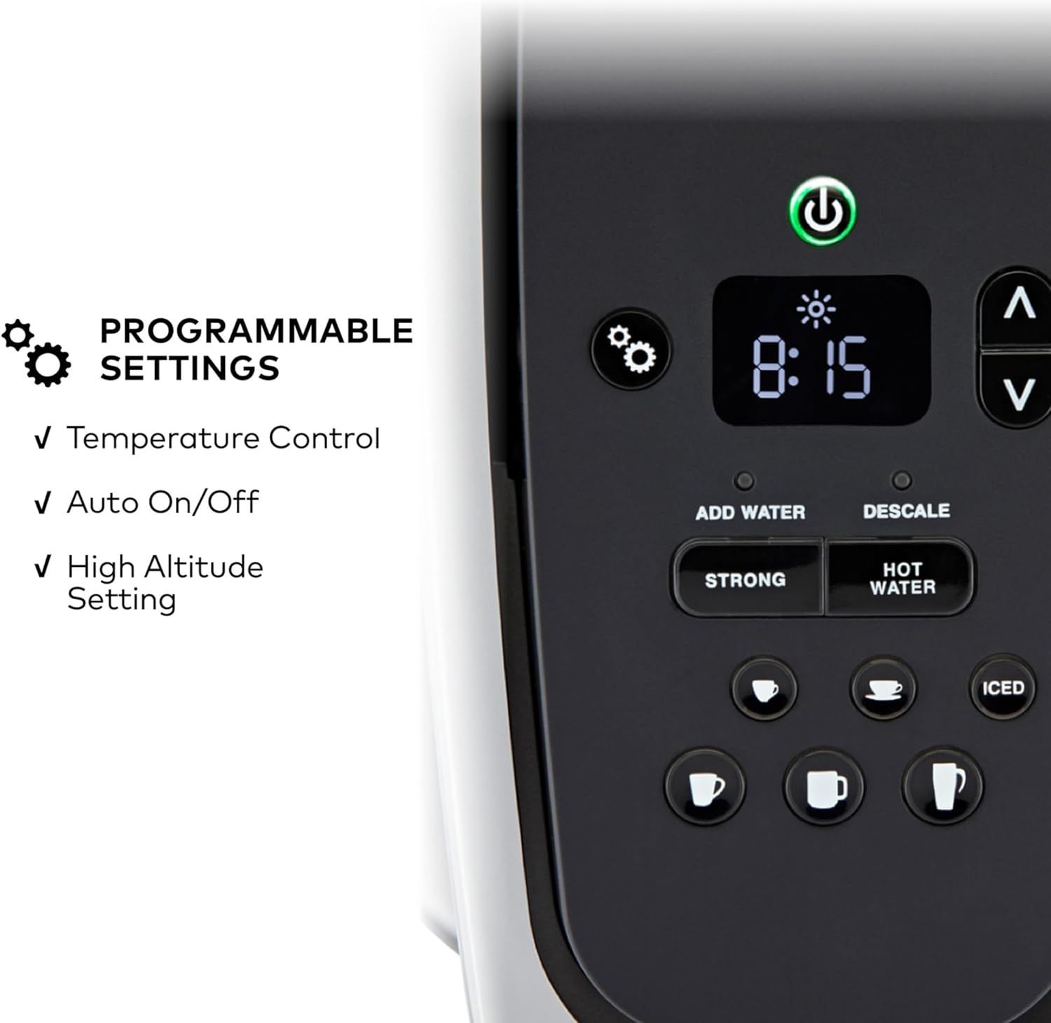Communicates the programmable settings and customization options available on the coffee maker to reassure shoppers that the product offers flexible control and convenience features.