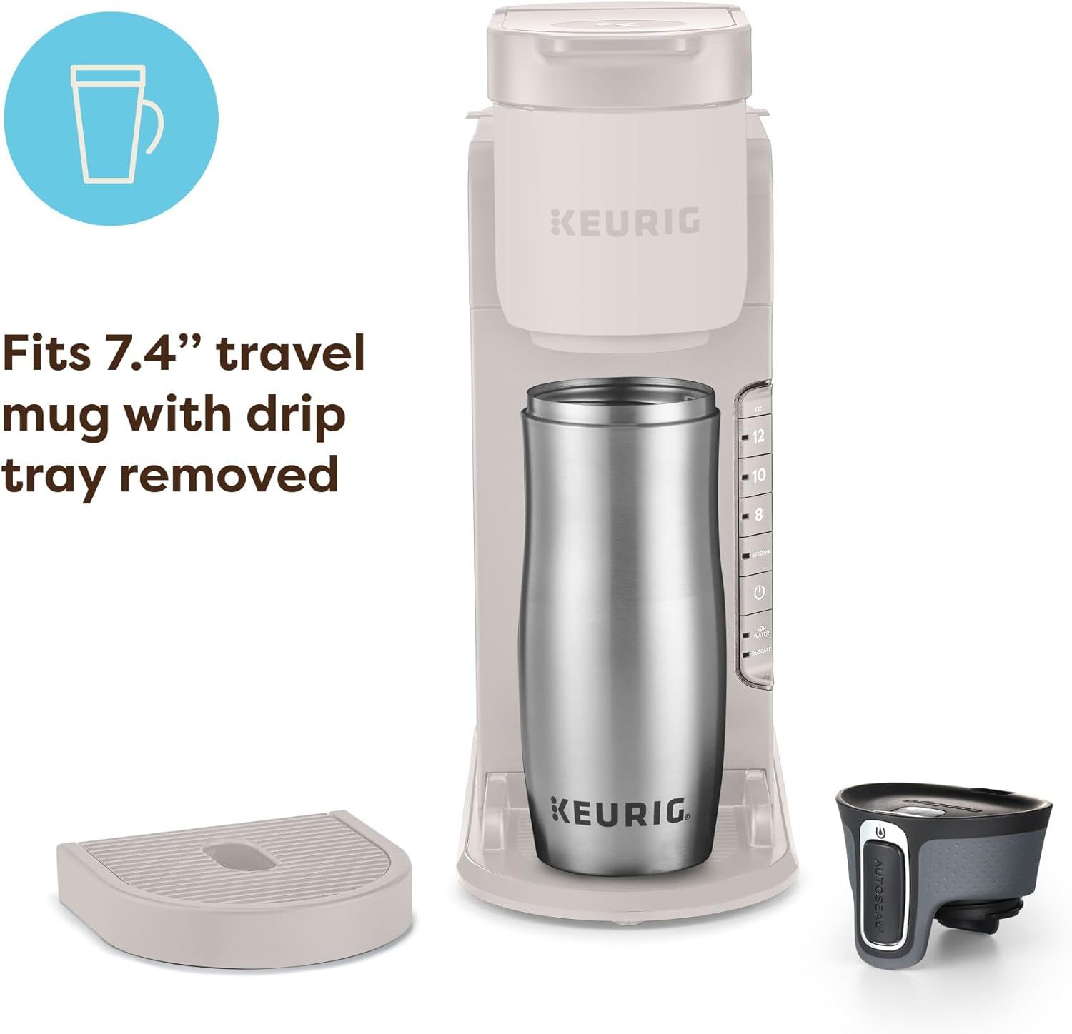 Demonstrates that the coffee maker can accommodate a 7.4-inch travel mug when the drip tray is removed, reassuring shoppers about its versatility and convenience for on-the-go use.