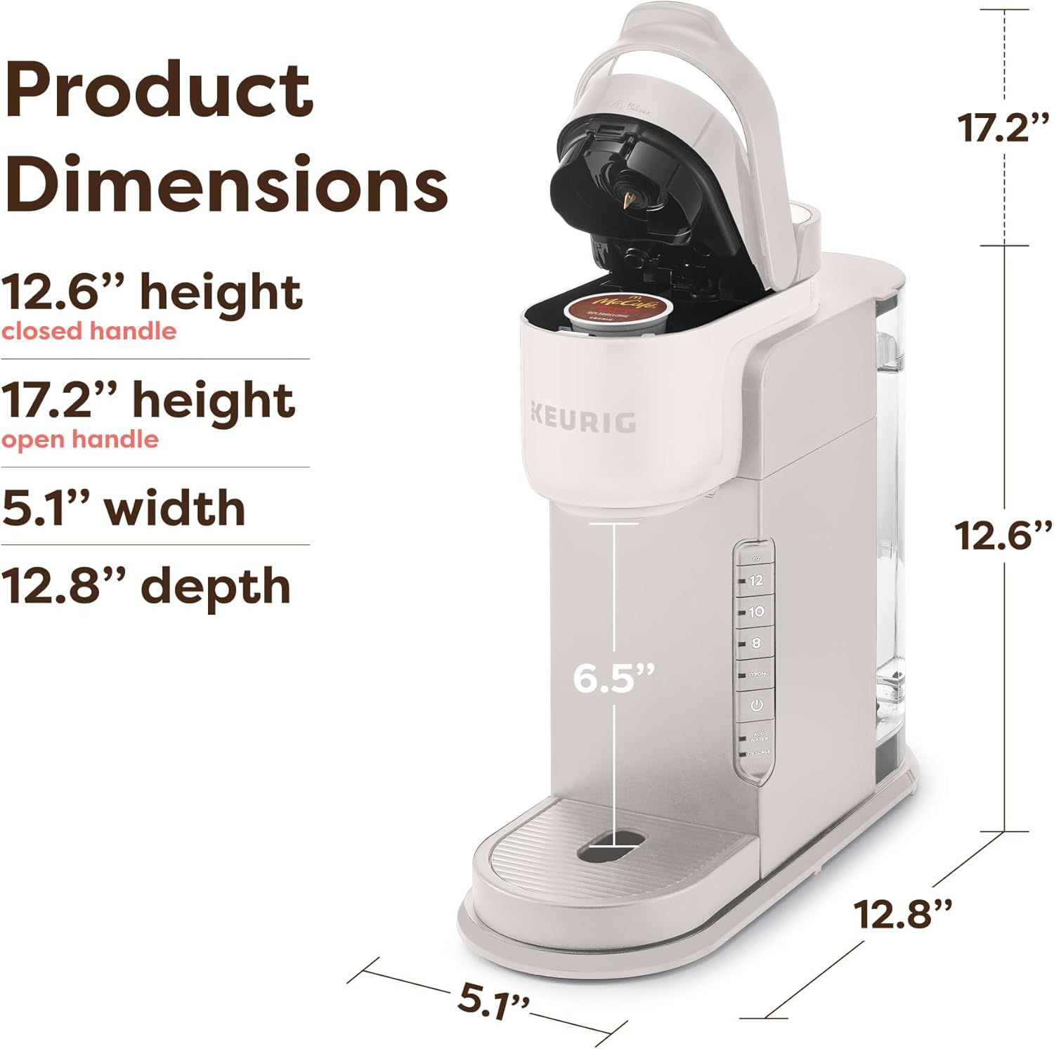 Communicates the exact physical dimensions of the coffee maker to help shoppers understand if it will fit in their kitchen space.