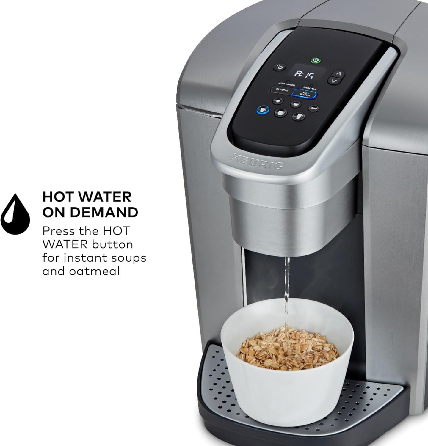 Highlights the convenience of instant hot water dispensing for quick meal preparation like soups and oatmeal, emphasizing ease of use and time-saving functionality.