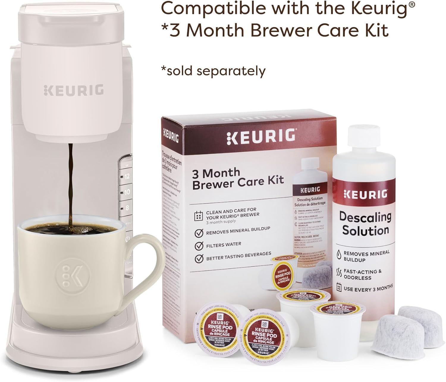 Communicates that this product is compatible with the Keurig 3 Month Brewer Care Kit (sold separately), reassuring shoppers about system compatibility and maintenance options.