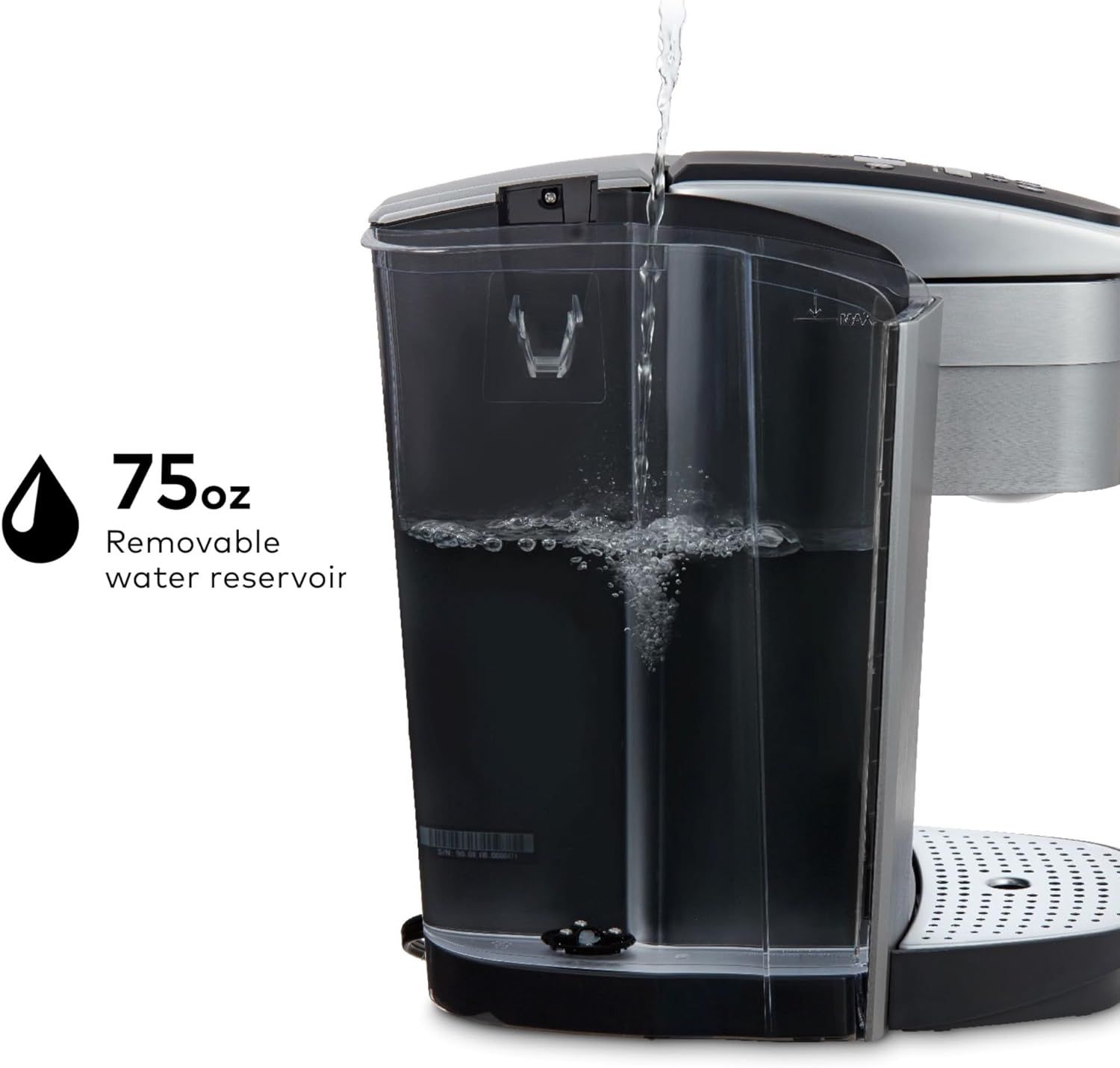 Communicates the large 75oz capacity of the removable water reservoir to reassure shoppers they won't need to refill frequently. Highlights the convenience of the removable water reservoir feature…