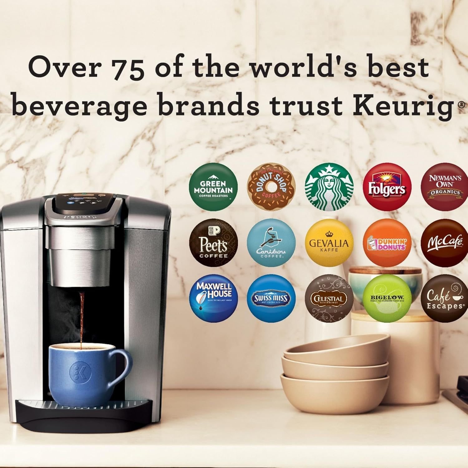 Communicates that Keurig is trusted by over 75 major beverage brands, building credibility and reassuring shoppers about the wide variety of compatible beverage options available.