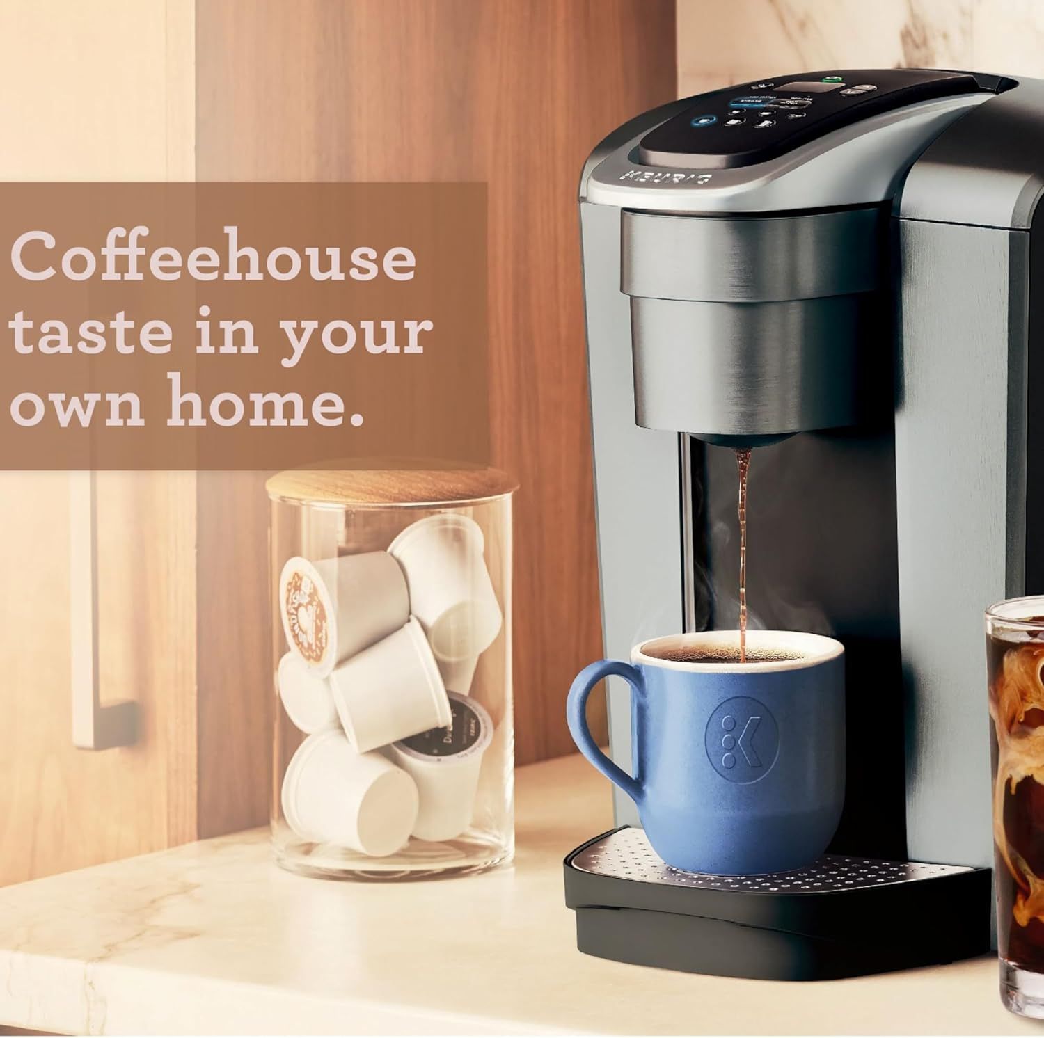 Communicates the aspirational benefit of enjoying coffeehouse-quality coffee at home, positioning the product as a premium lifestyle upgrade.
