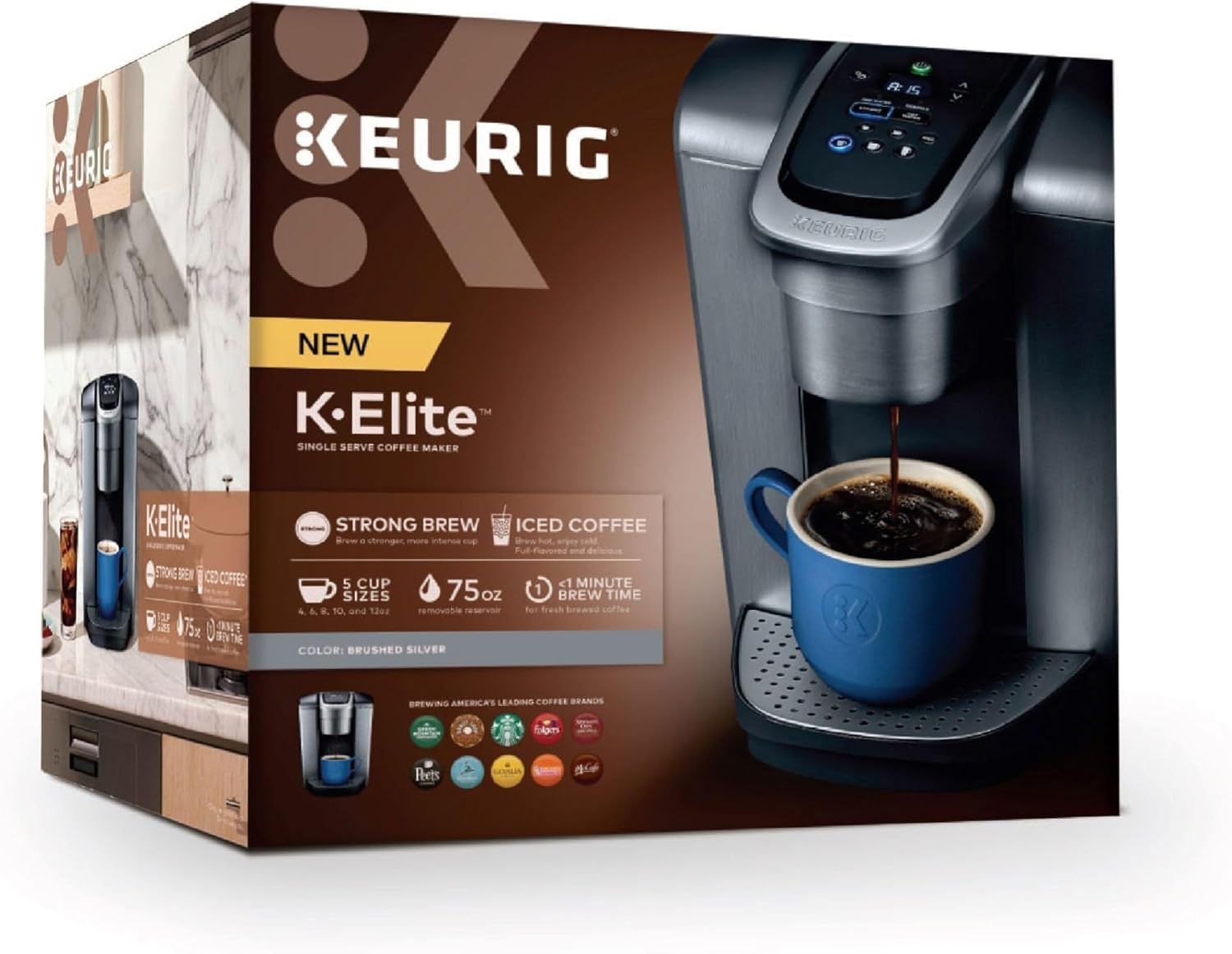 Communicates multiple key features and benefits of the K-Elite coffee maker in a segmented layout to help shoppers understand the product's versatility and capabilities.