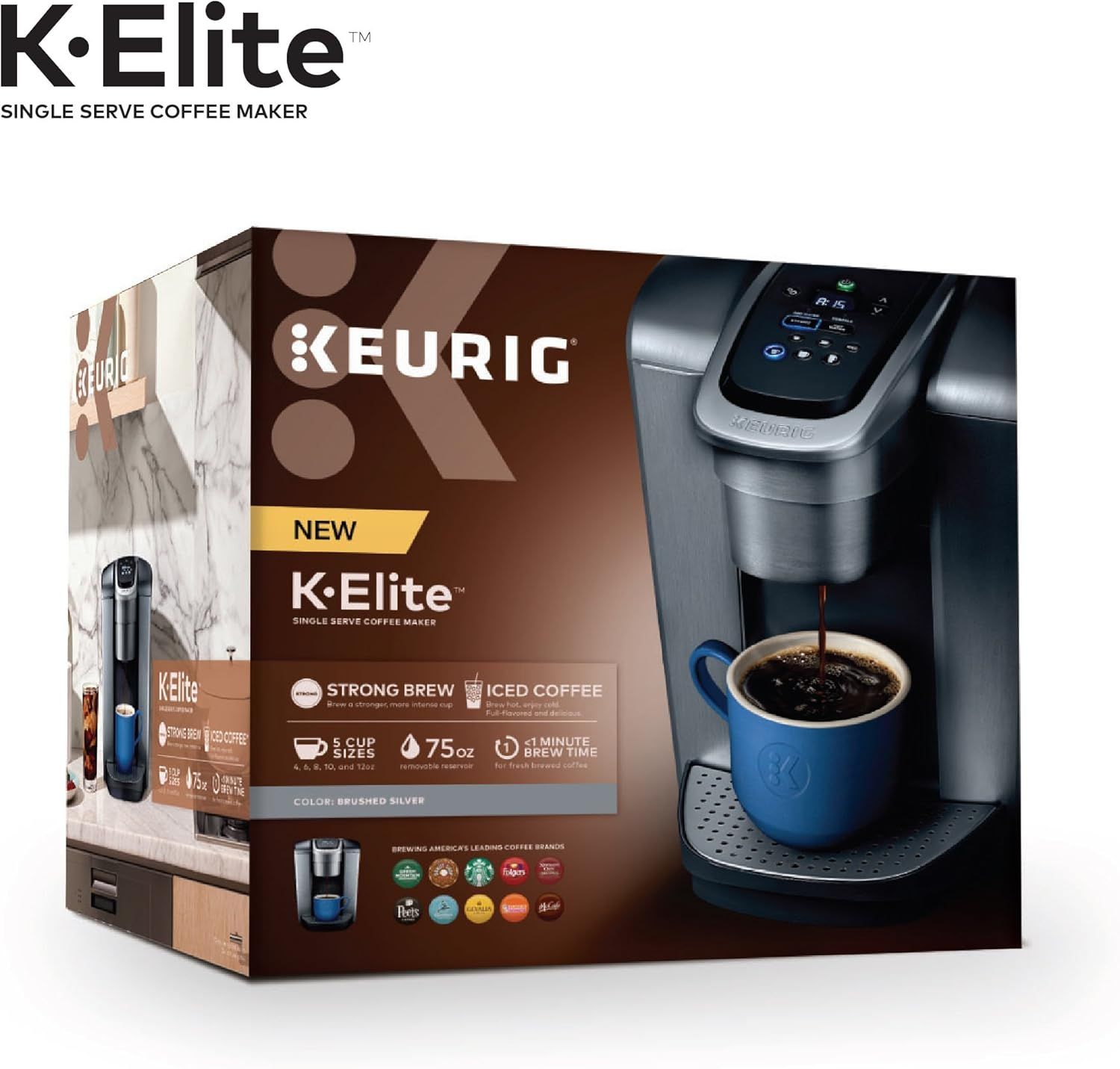 Shows the complete product packaging to help shoppers understand what they will receive and how the K·Elite coffee maker is presented at purchase.