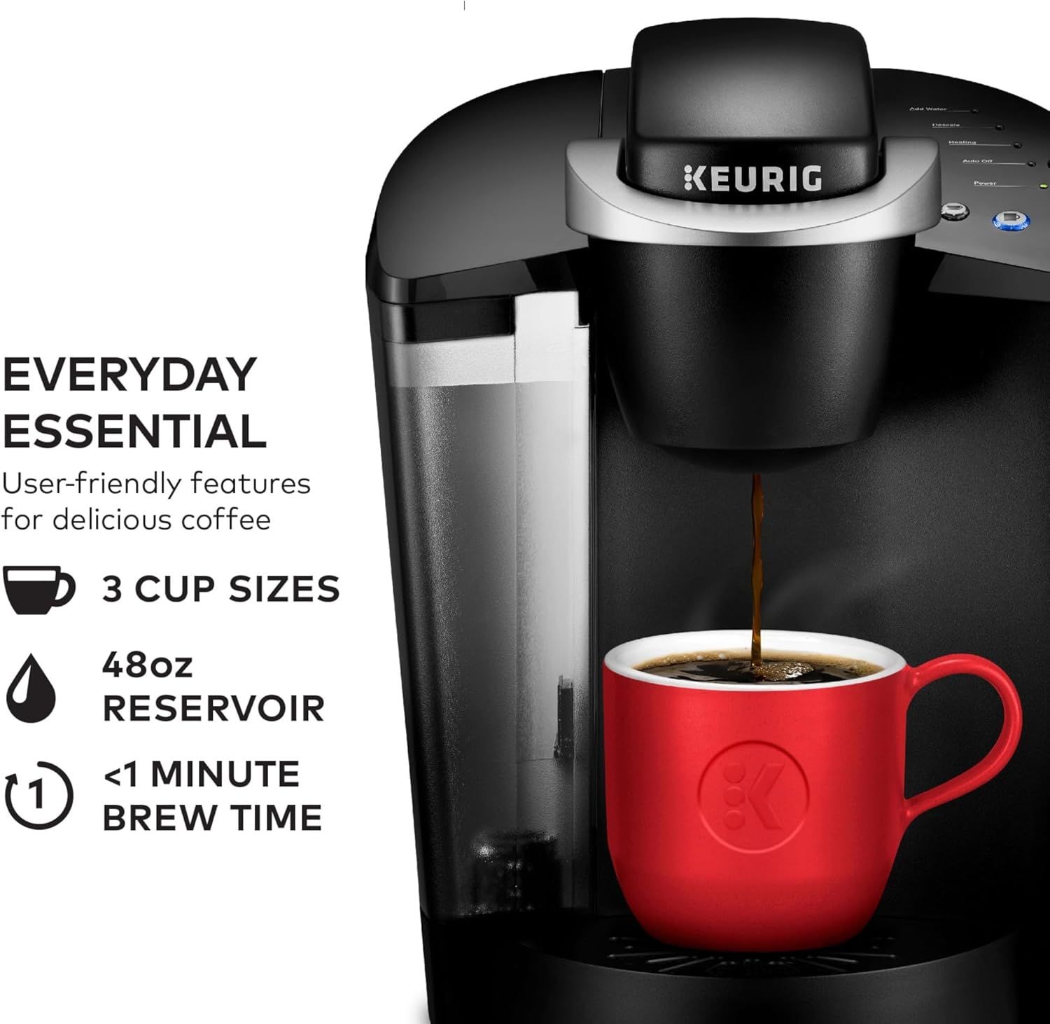 Communicates multiple user-friendly features of the Keurig coffee maker to show convenience, capacity, and speed, positioning it as an everyday essential for coffee lovers.