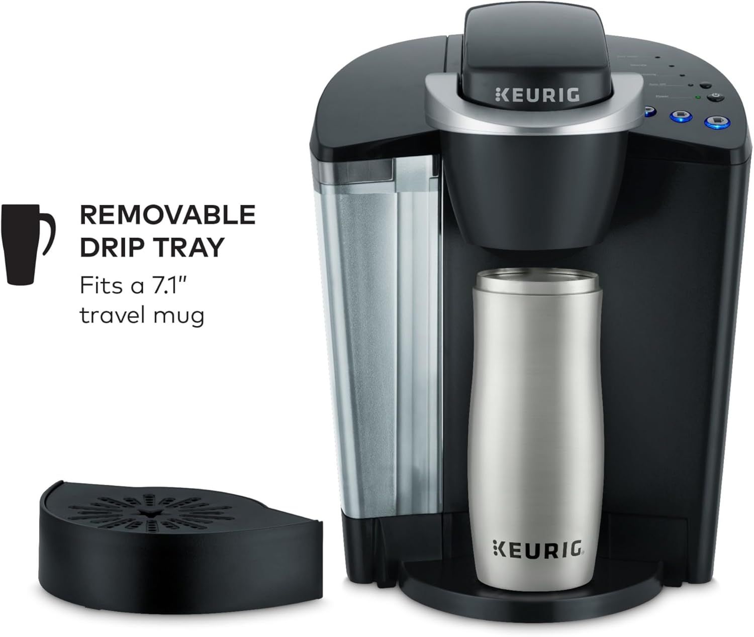 Highlights the removable drip tray feature that accommodates tall travel mugs up to 7.1 inches, emphasizing convenience and versatility for different mug sizes.