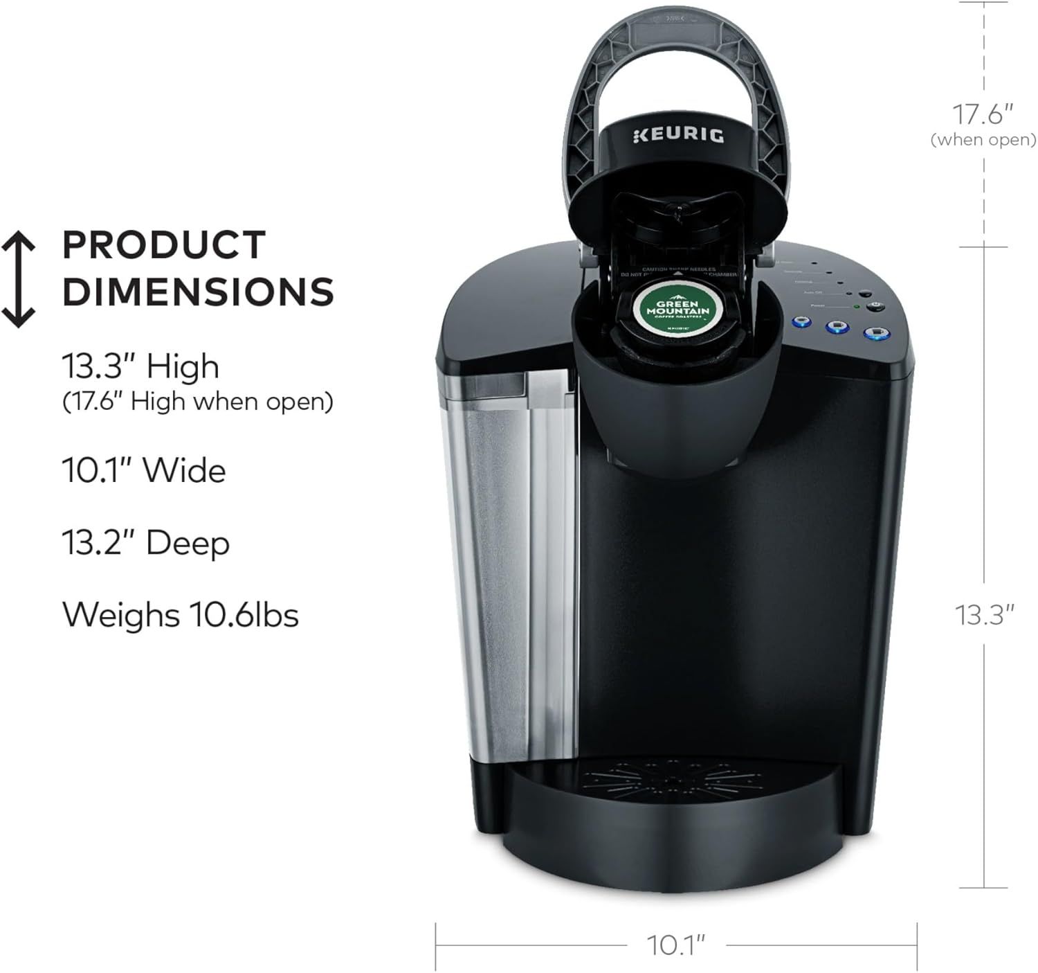Communicates the exact physical size and weight of the Keurig coffee maker to help shoppers understand if it will fit in their space and assess portability.