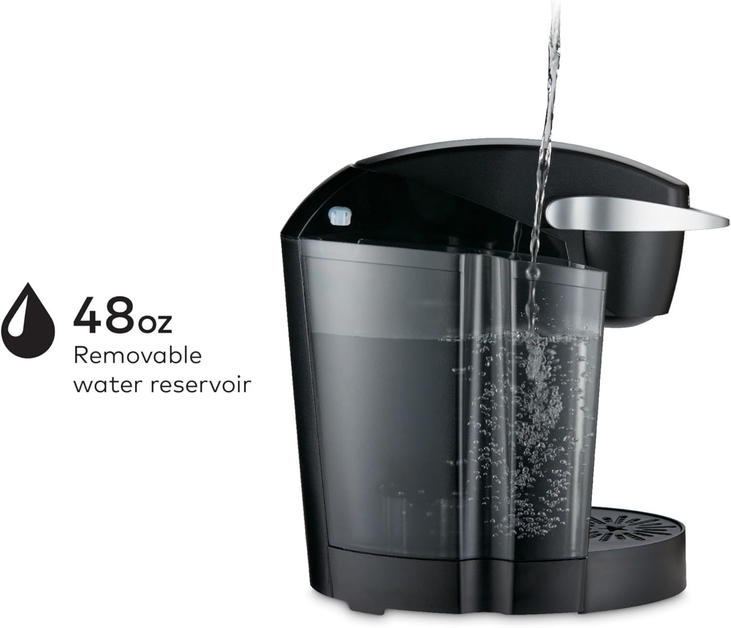 Communicates the large 48oz removable water reservoir capacity to reassure shoppers they won't need to refill frequently. Highlights the convenience of a large, removable water reservoir that…