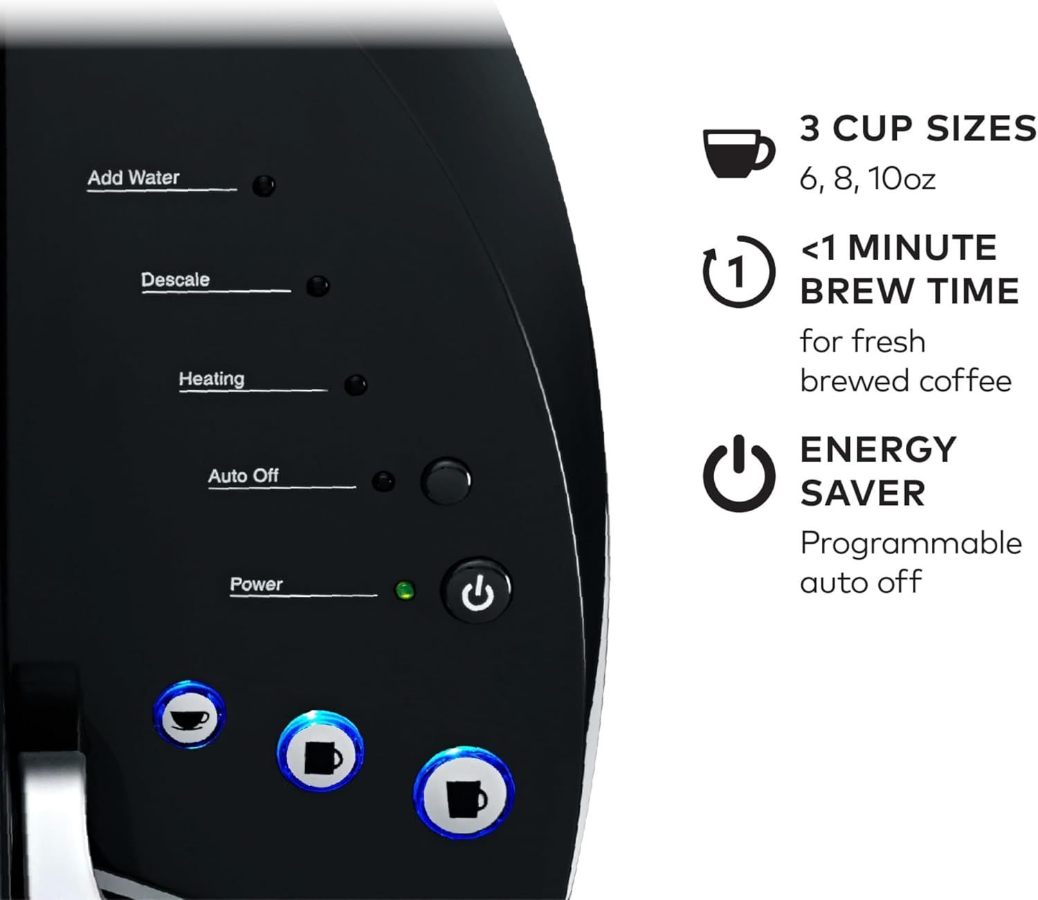 Communicates multiple key benefits of the coffee maker including customizable cup sizes, quick brewing speed, and energy-saving functionality to appeal to convenience-focused shoppers.