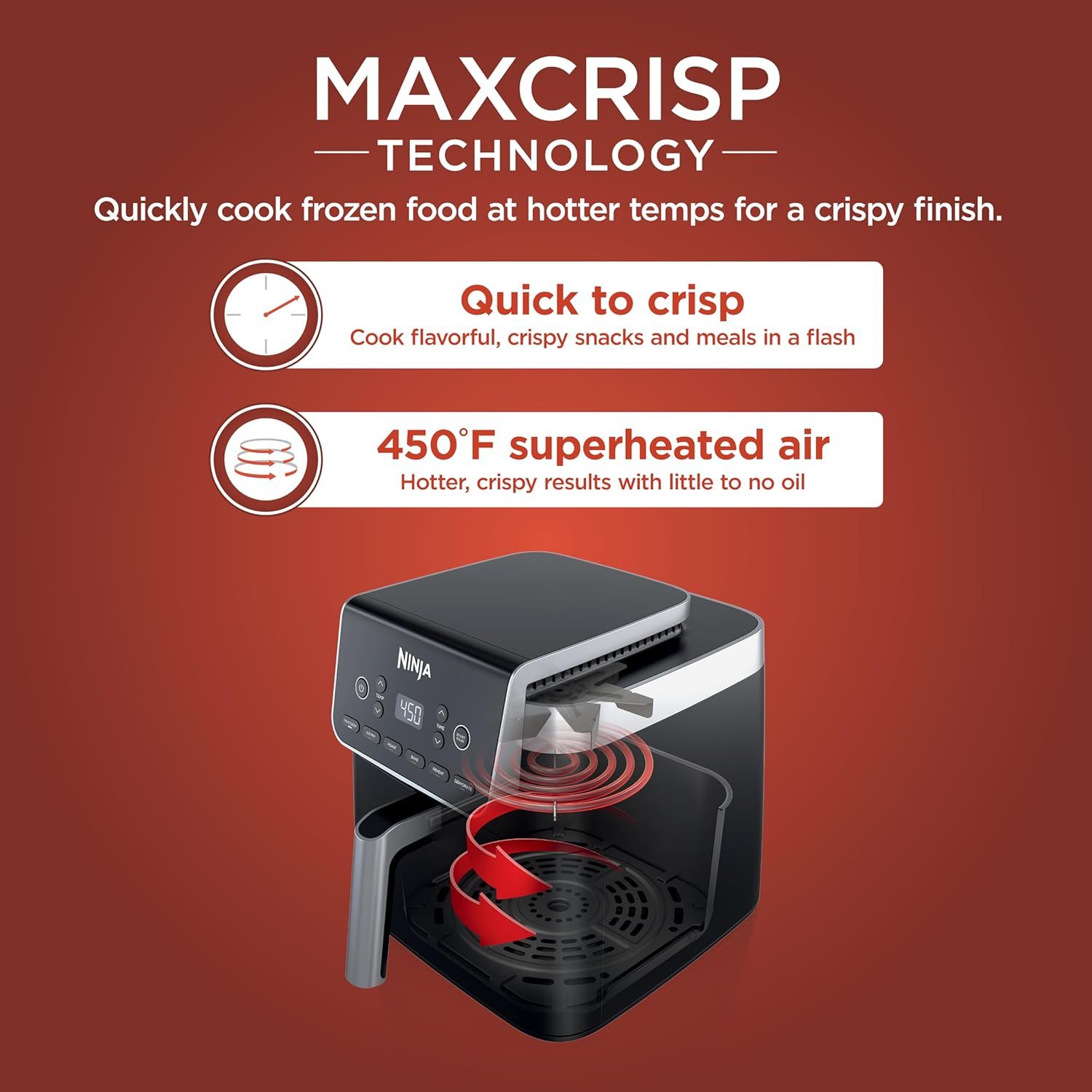 Communicates the proprietary MaxCrisp Technology by highlighting two distinct benefits: fast cooking time and 450°F superheated air for crispy results with minimal oil.